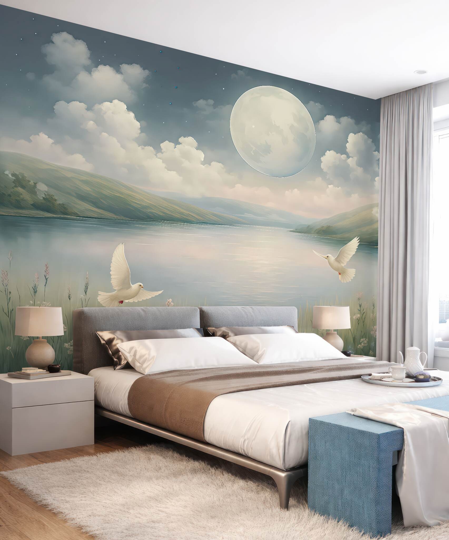 Fototapeta Urokliwy widok z jeziorem, łąką wypełnioną kwiatami, księżycem na nocnym, gwiaździstym niebie, fruwającymi ptakami oraz chmurami.