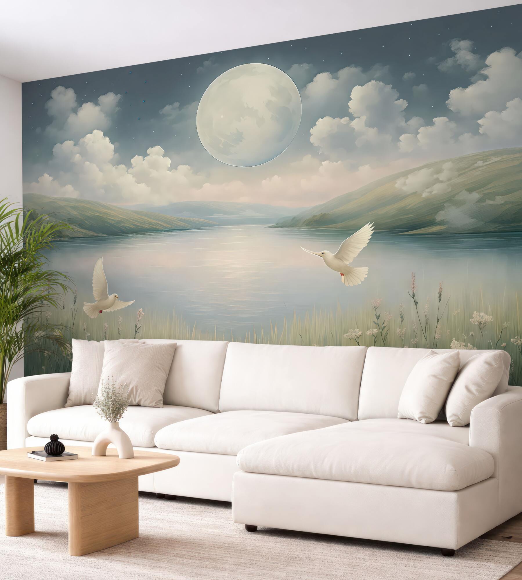 Fototapeta Urokliwy widok z jeziorem, łąką wypełnioną kwiatami, księżycem na nocnym, gwiaździstym niebie, fruwającymi ptakami oraz chmurami.