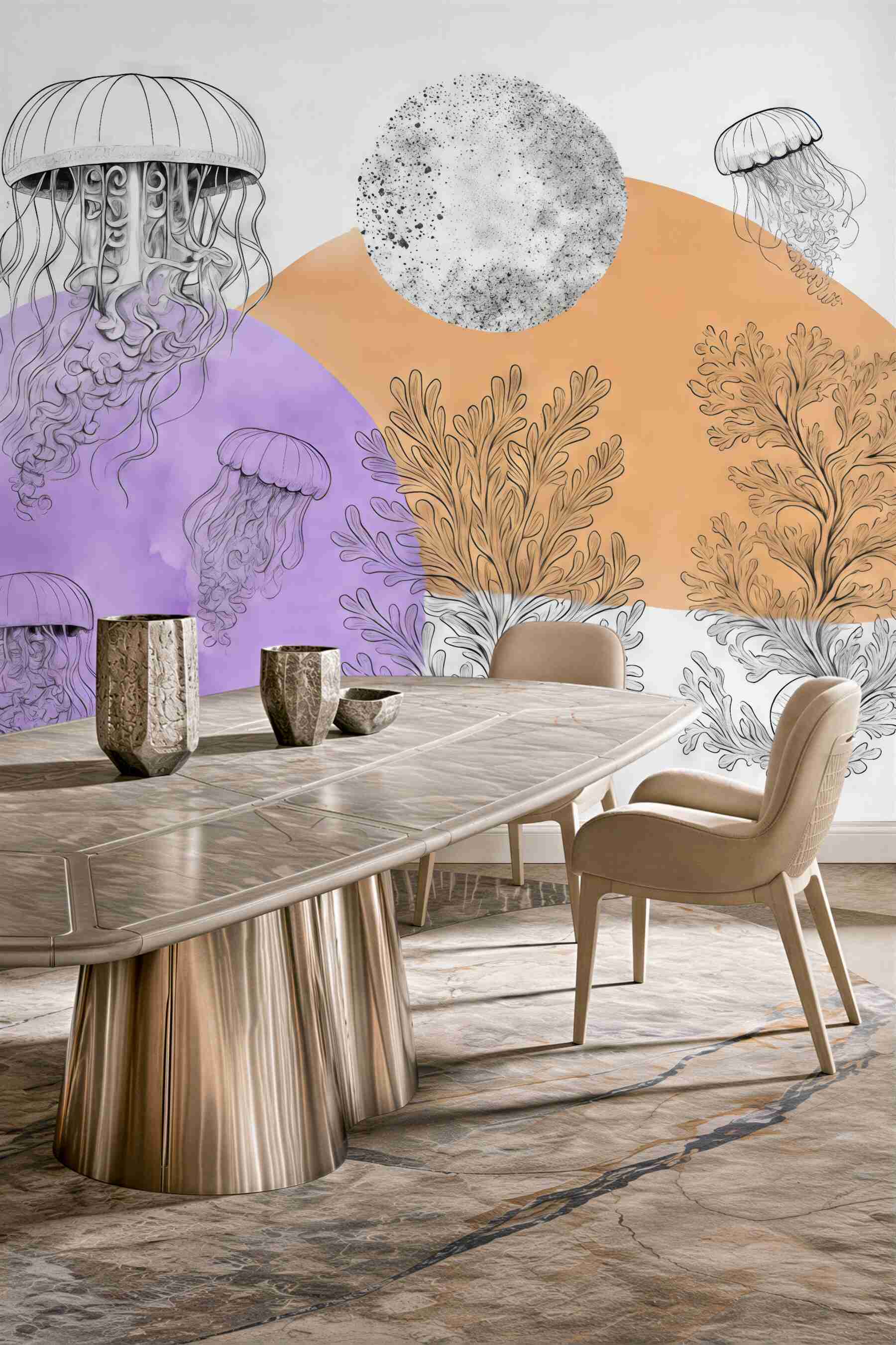 Fototapeta Glony meduz, abstrakcyjne, plama akwarelowa, odcień fioletowy oraz pomarańczowy.