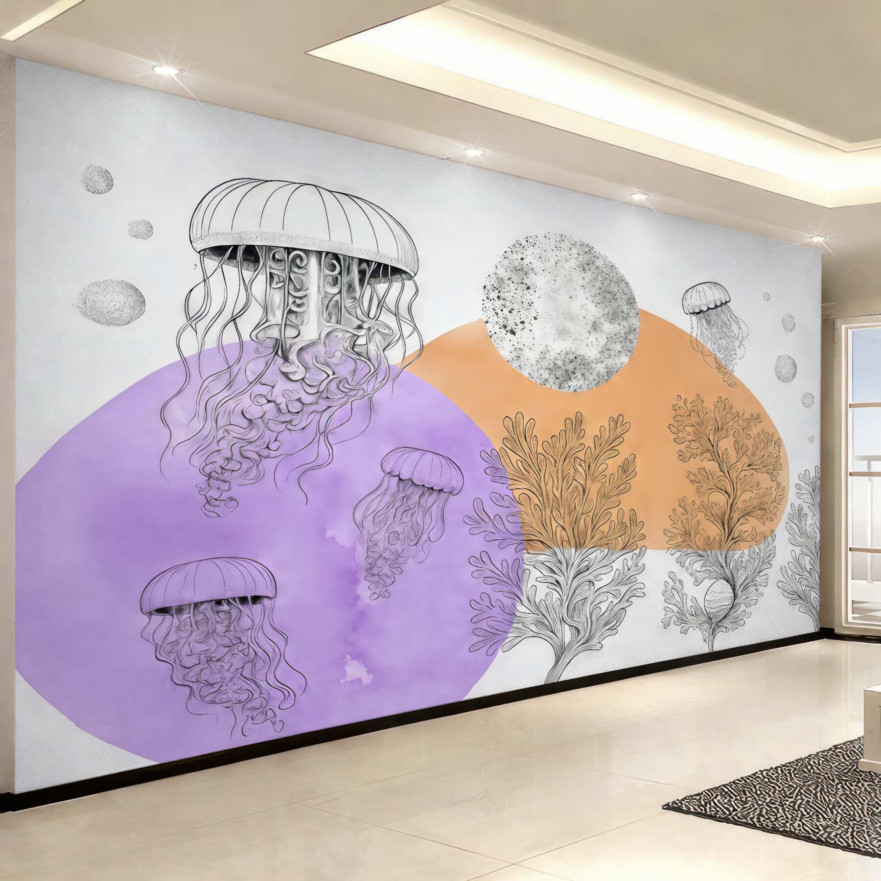 Fototapeta Glony meduz, abstrakcyjne, plama akwarelowa, odcień fioletowy oraz pomarańczowy.