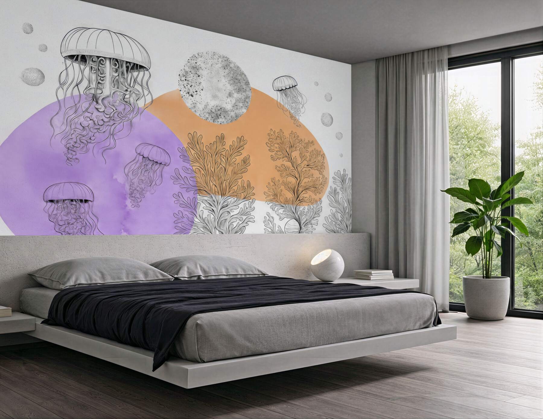 Fototapeta Glony meduz, abstrakcyjne, plama akwarelowa, odcień fioletowy oraz pomarańczowy.