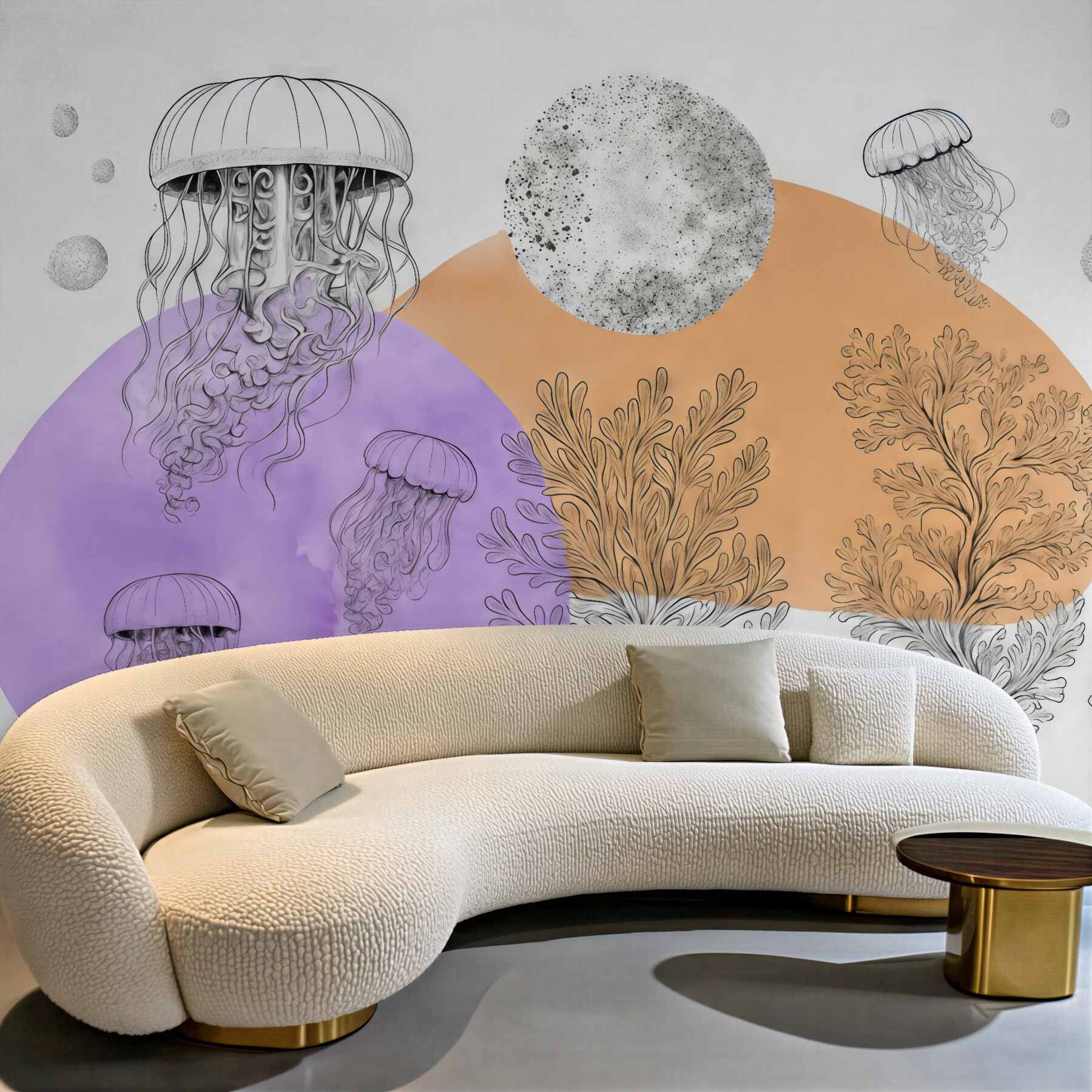 Fototapeta Glony meduz, abstrakcyjne, plama akwarelowa, odcień fioletowy oraz pomarańczowy.