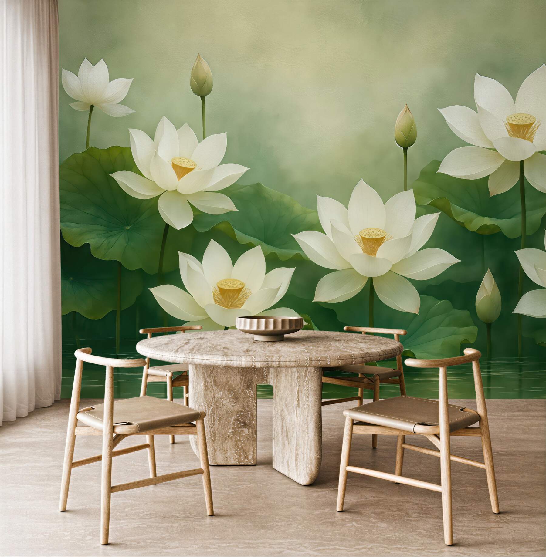 Fototapeta Lotosy w wodach, przyroda, mgiełka, akryl, spore liście, las, subtelne naturalne odcienie.