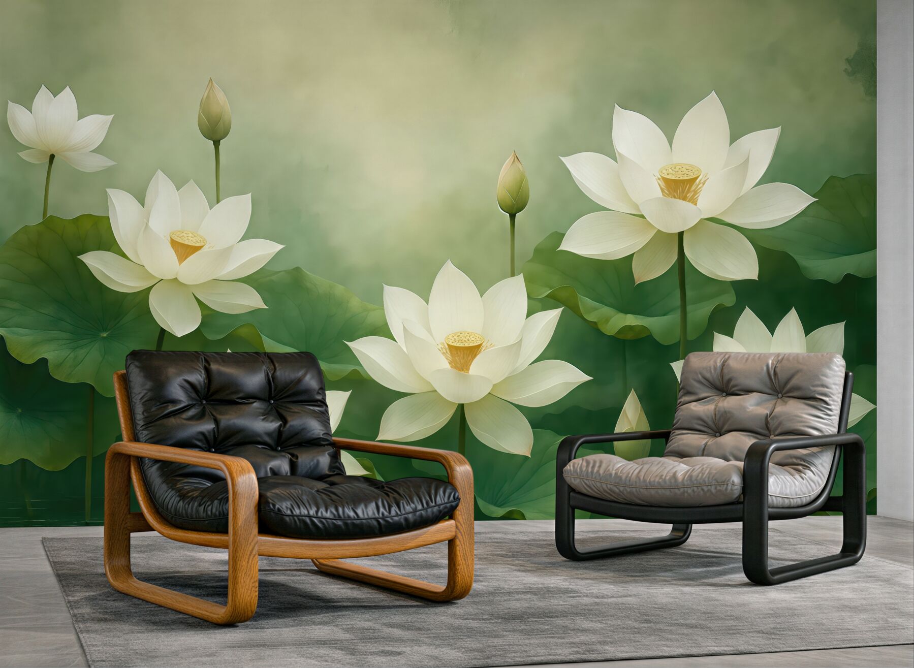 Fototapeta Lotosy w wodach, przyroda, mgiełka, akryl, spore liście, las, subtelne naturalne odcienie.