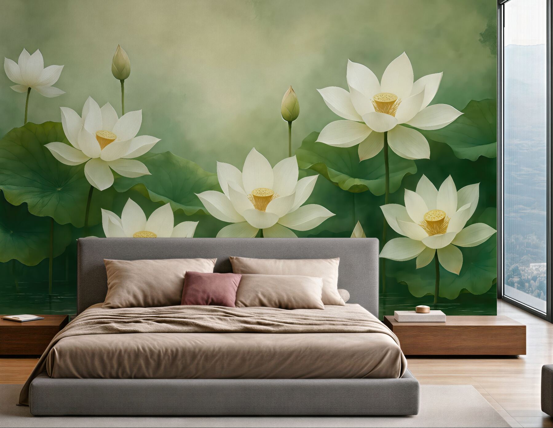 Fototapeta Lotosy w wodach, przyroda, mgiełka, akryl, spore liście, las, subtelne naturalne odcienie.