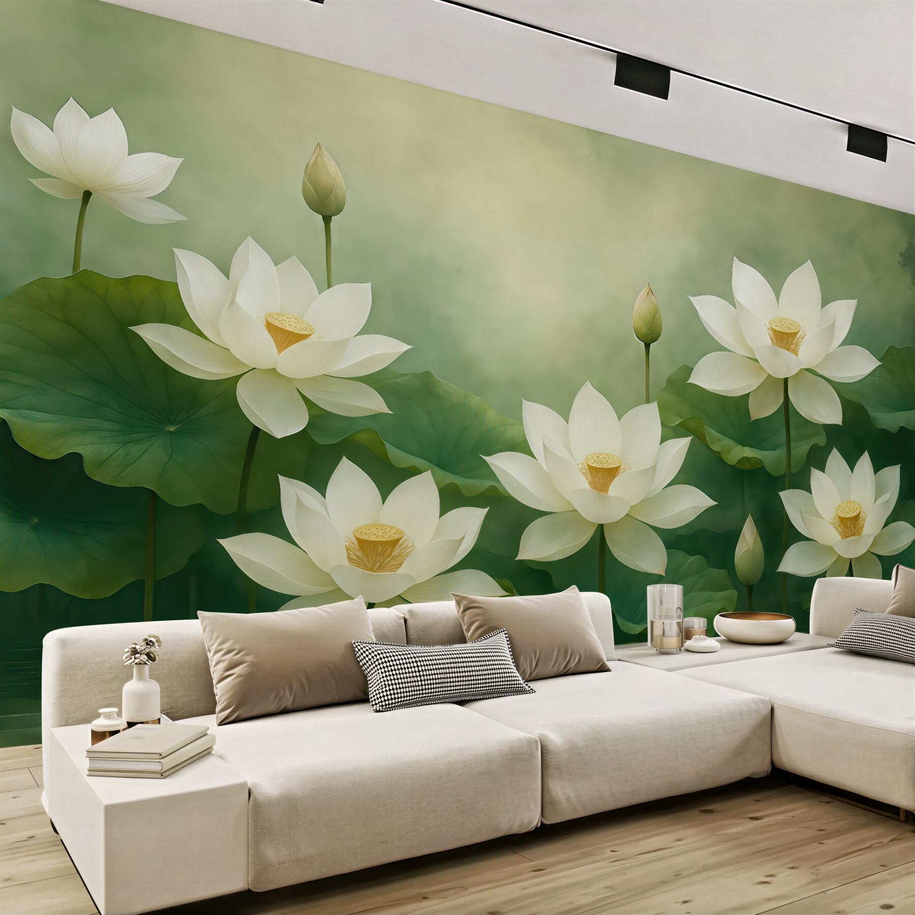 Fototapeta Lotosy w wodach, przyroda, mgiełka, akryl, spore liście, las, subtelne naturalne odcienie.