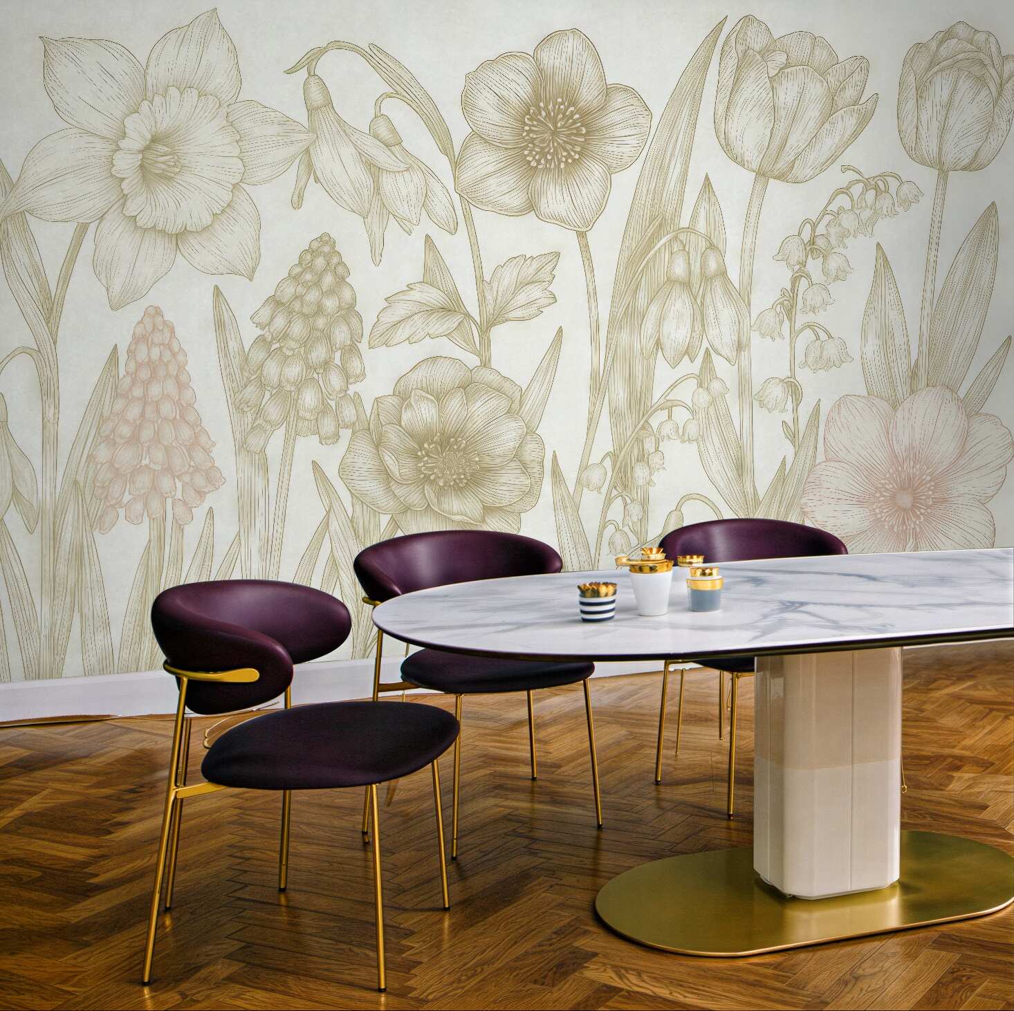 Fototapeta Subtelne różnorodne kwiaty, różowe i zielone.