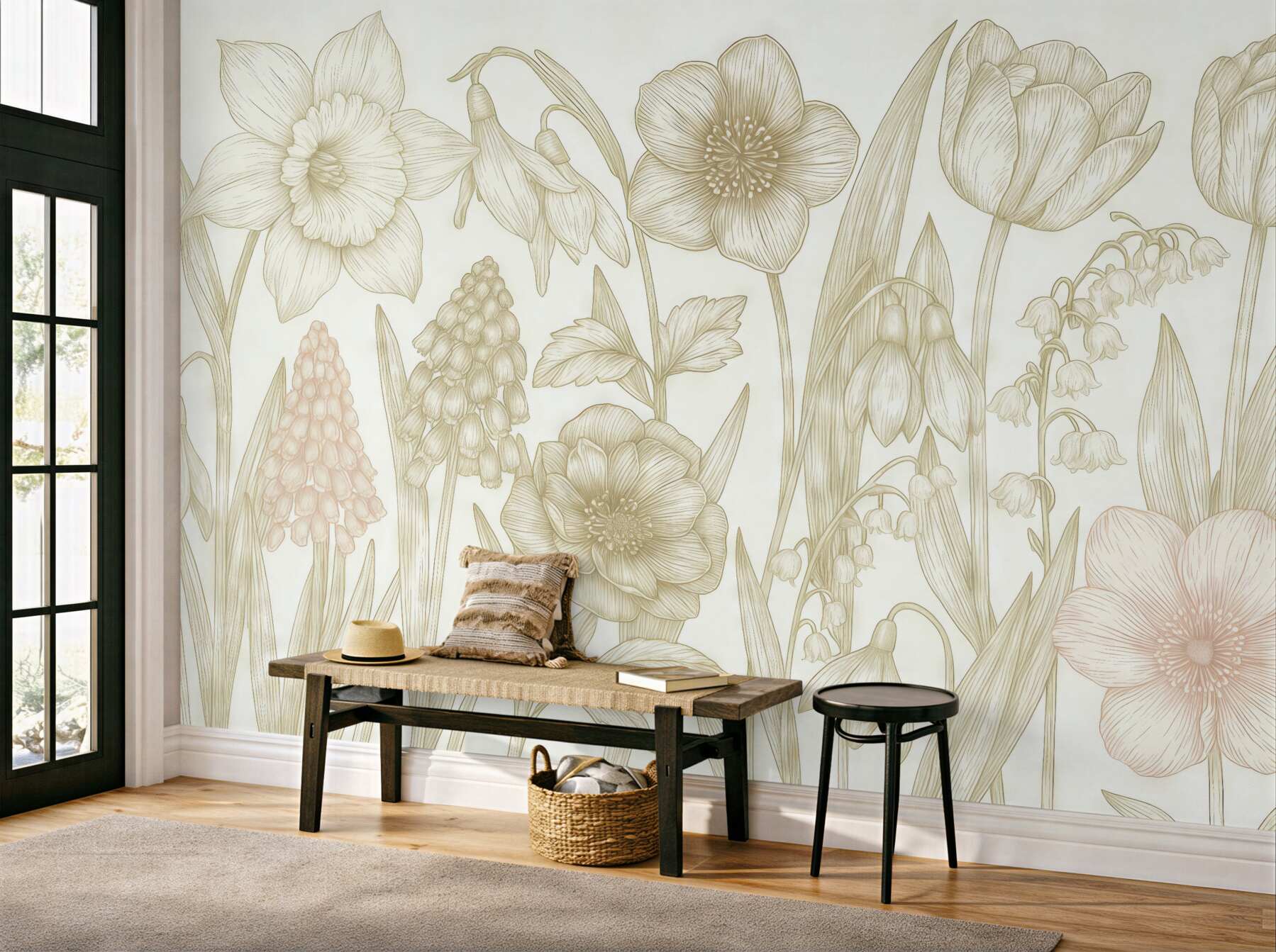 Fototapeta Subtelne różnorodne kwiaty, różowe i zielone.