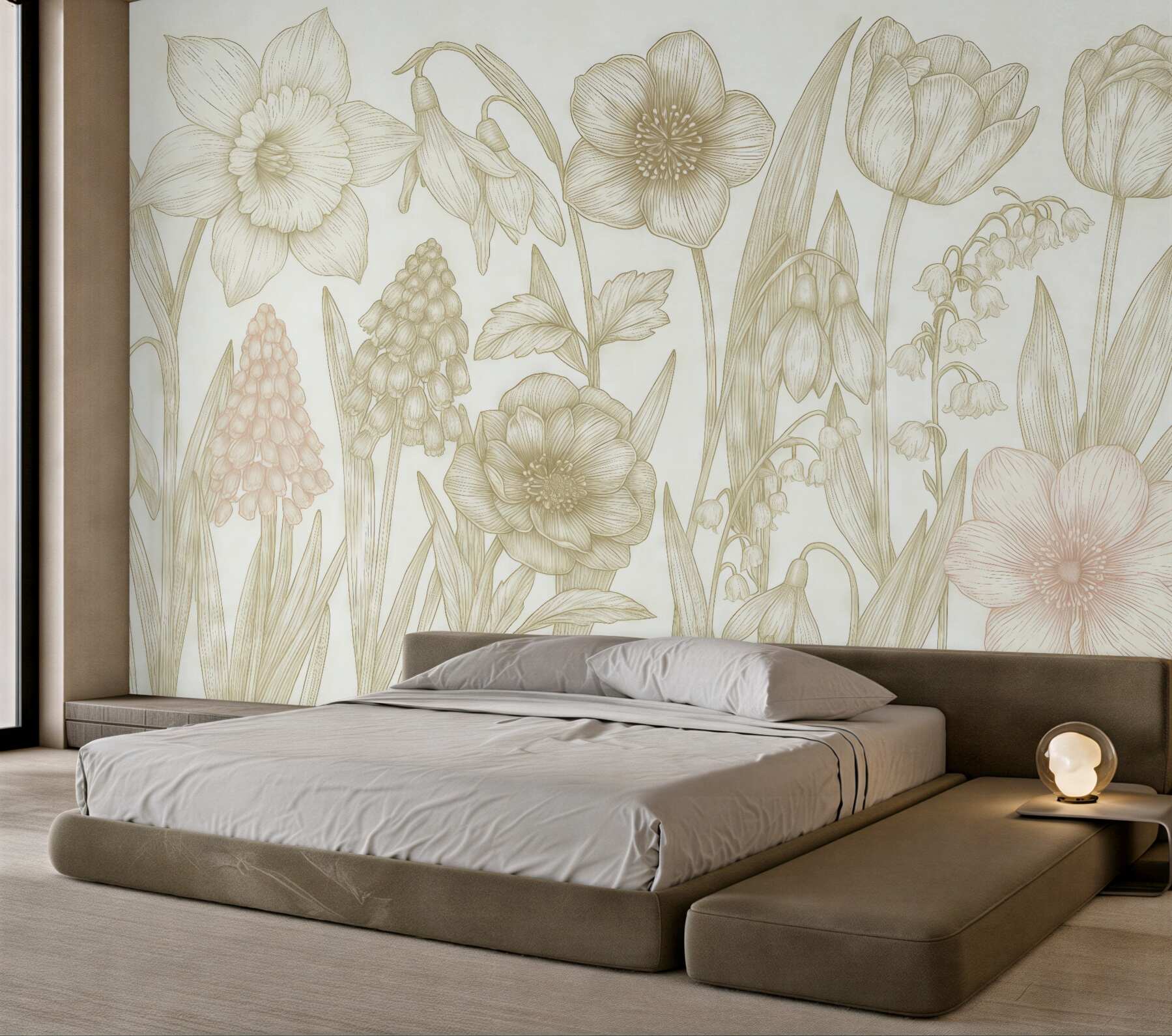 Fototapeta Subtelne różnorodne kwiaty, różowe i zielone.