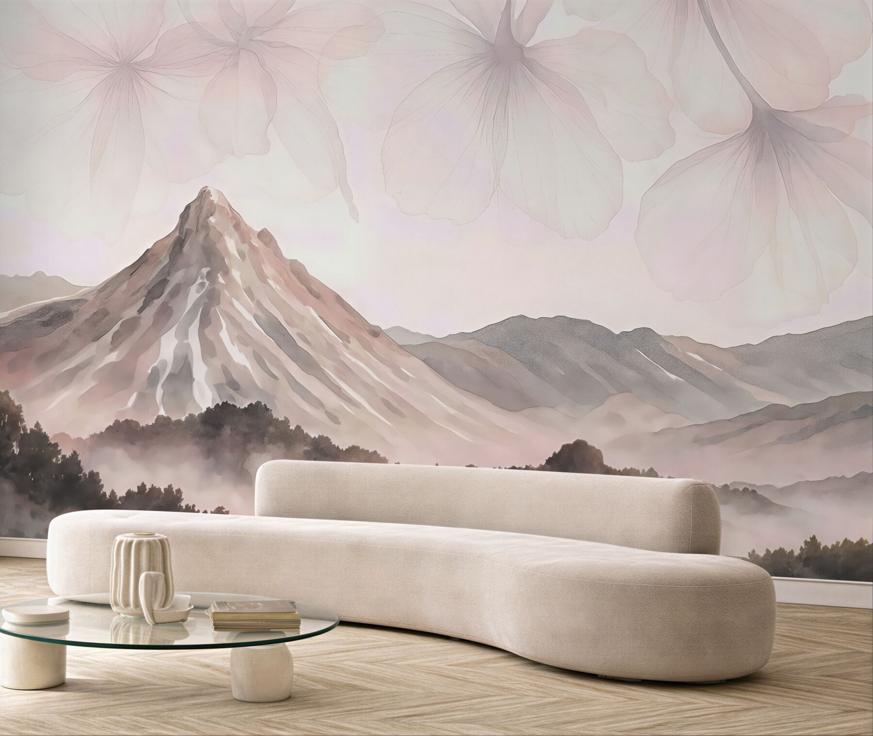 Fototapeta pasma górskie, półprzezroczyste florę, technika akwareli