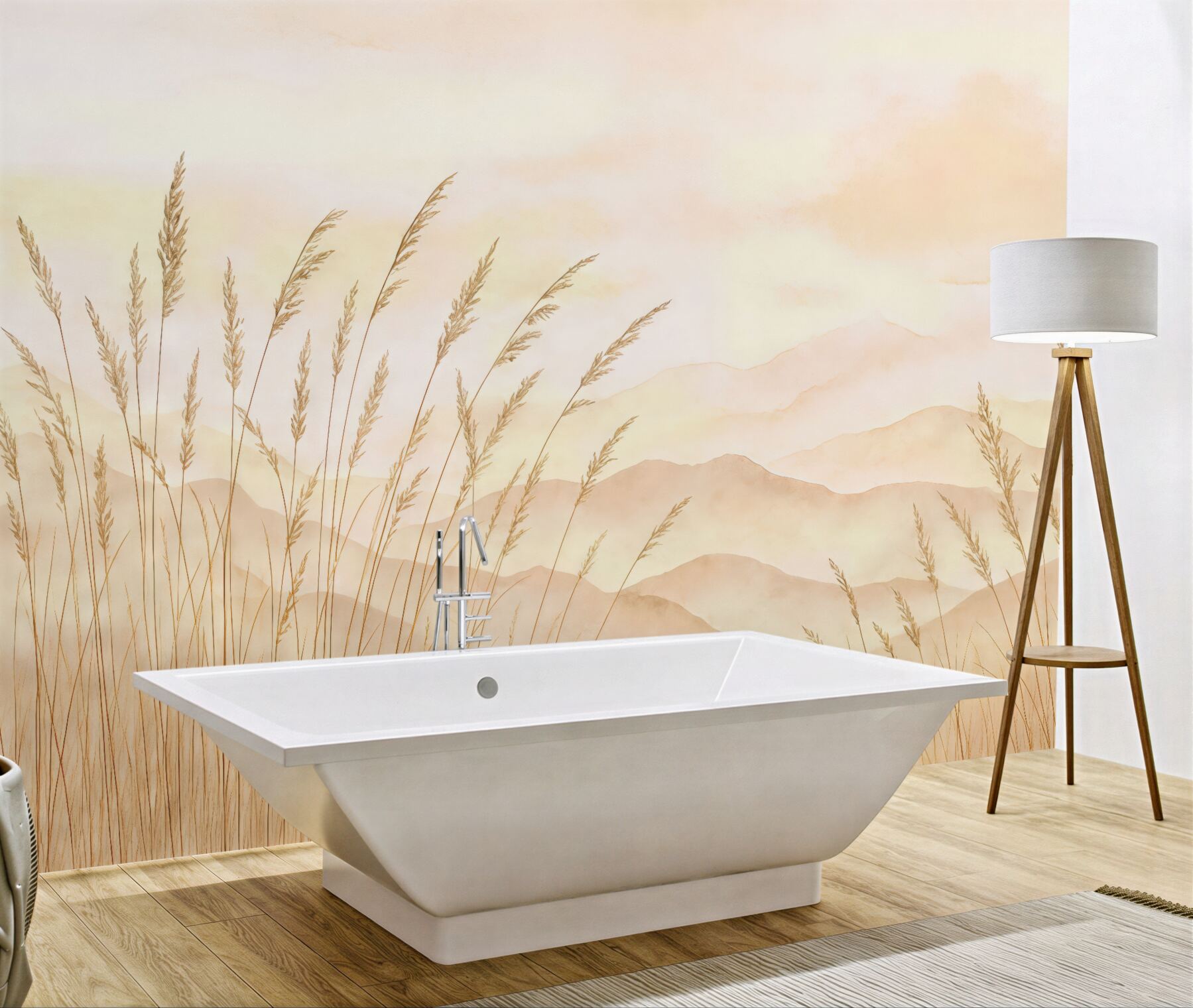 Fototapeta złote trawy na tle mglistych gór