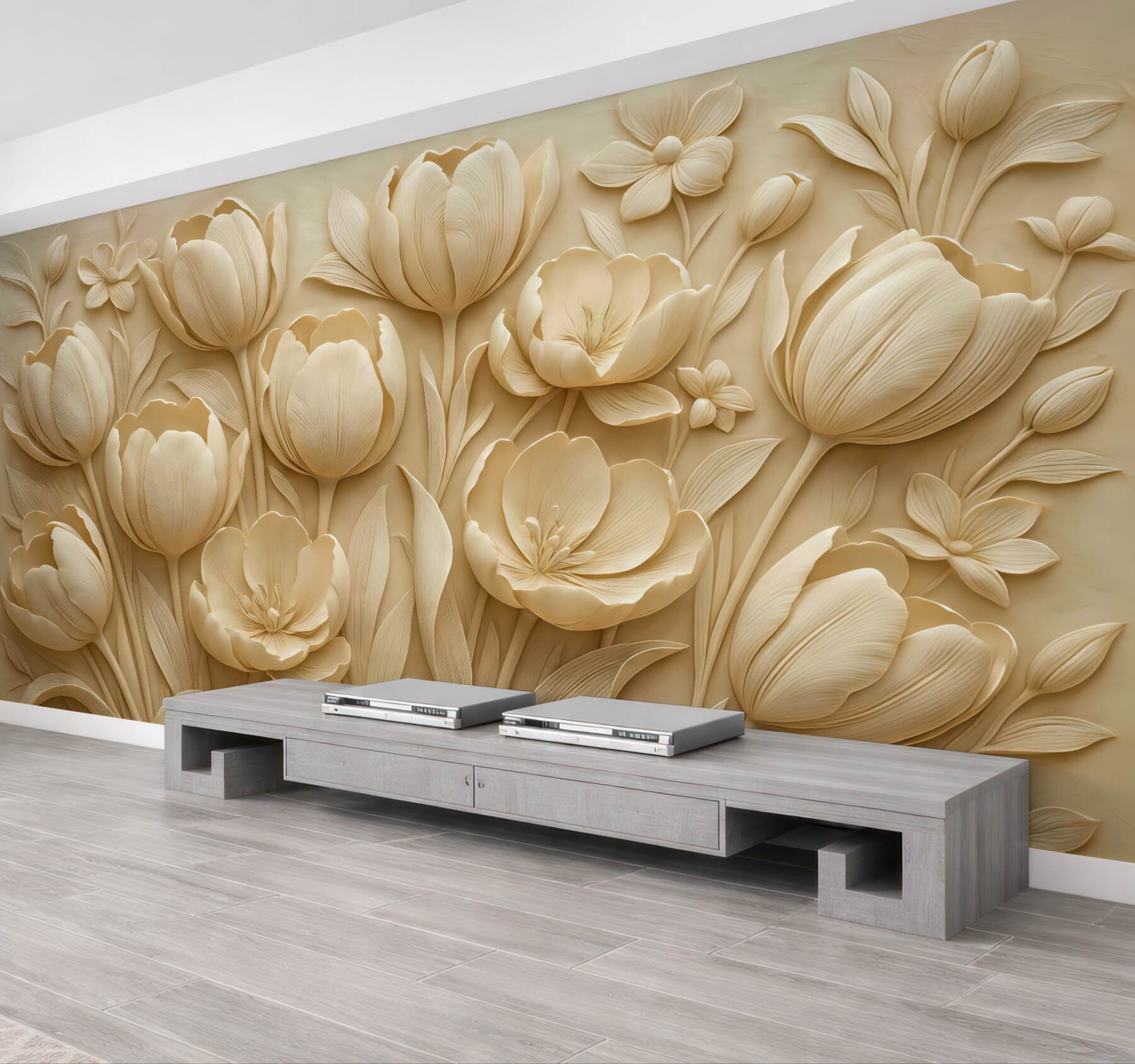 Fototapeta kwiatowa ilustracja 3D z eleganckimi tulipanami w odcieniu beżu