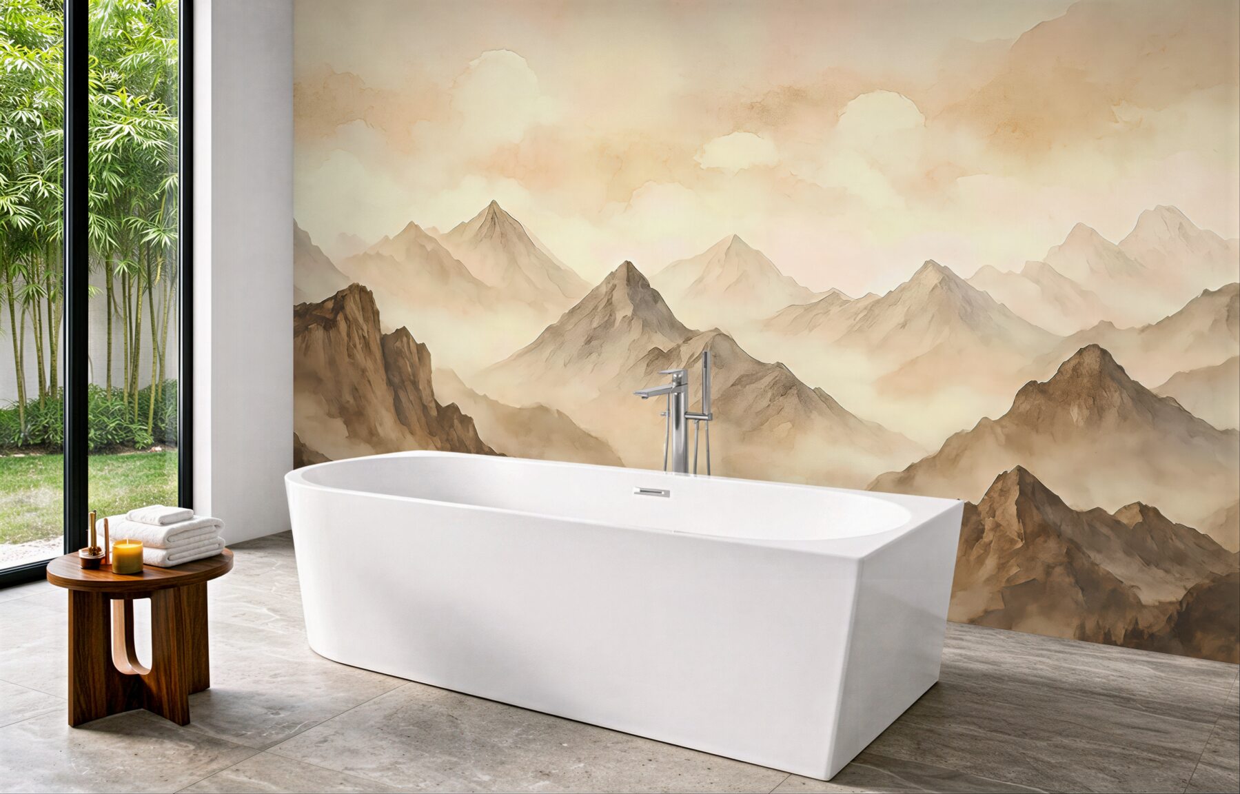 Fototapeta zamglone górskie szczyty w beżach