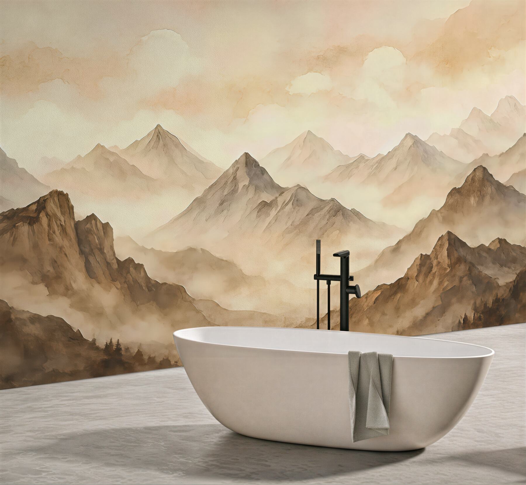 Fototapeta zamglone górskie szczyty w beżach