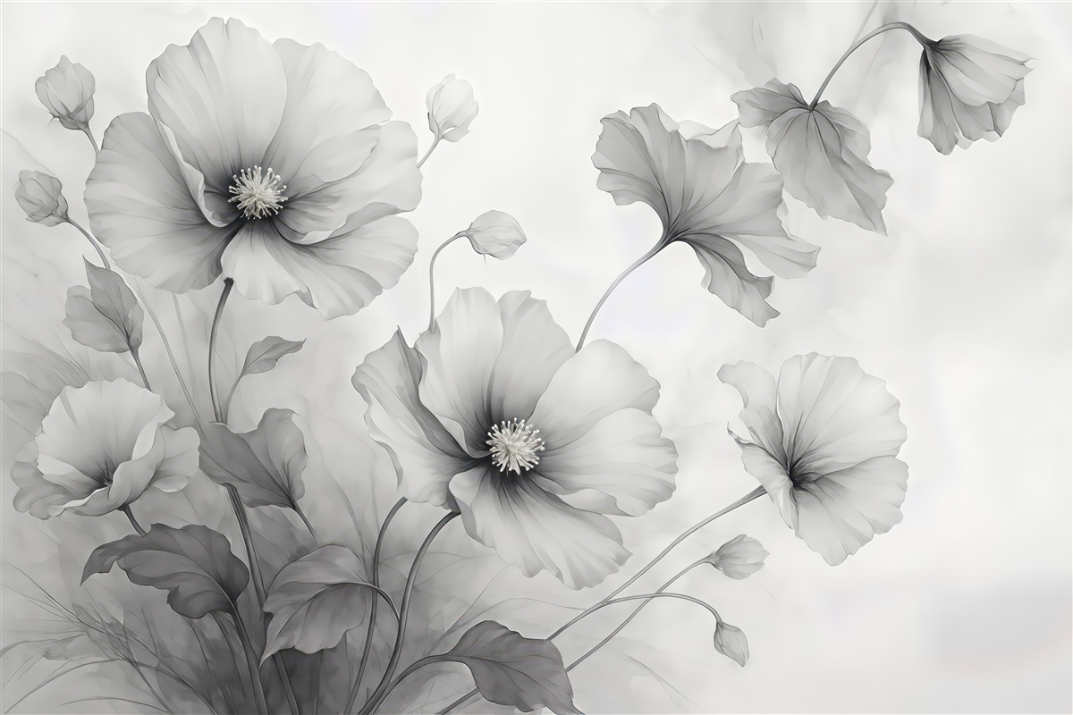 Fototapeta Lekko opadające, półprzezroczyste szare kwiaty zlewające się w porannym blasku.