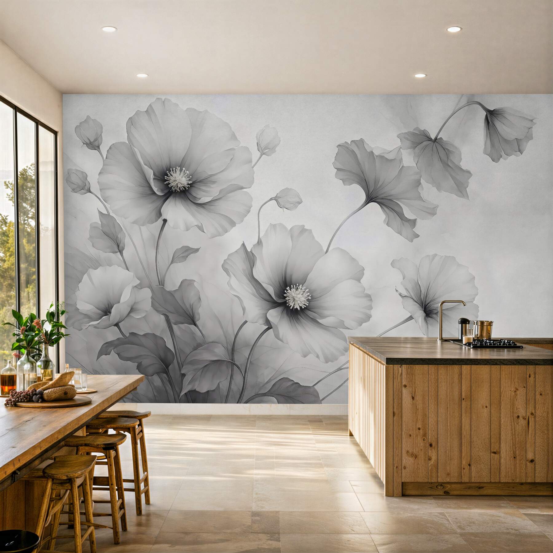 Fototapeta Lekko opadające, półprzezroczyste szare kwiaty zlewające się w porannym blasku.