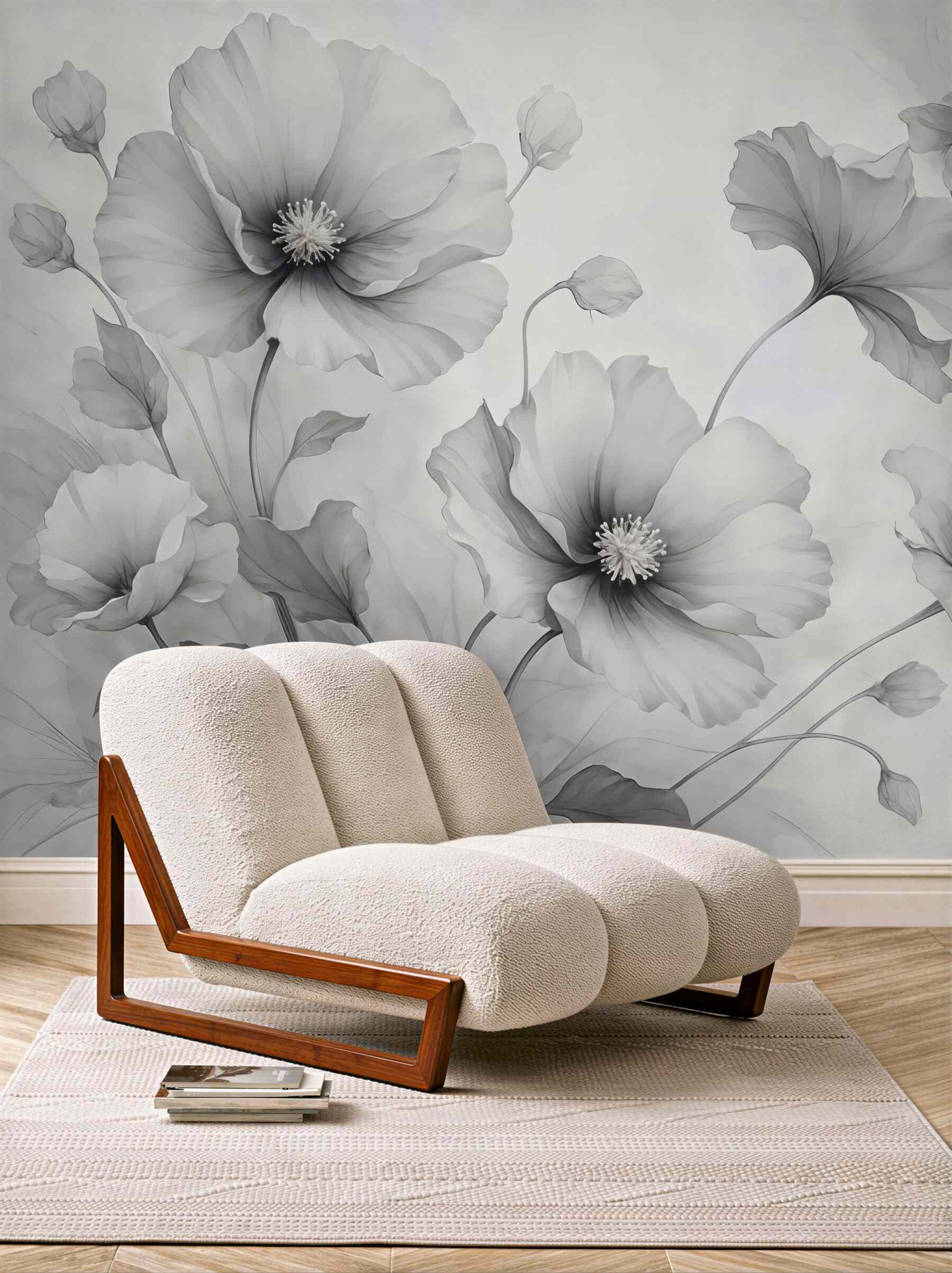 Fototapeta Lekko opadające, półprzezroczyste szare kwiaty zlewające się w porannym blasku.