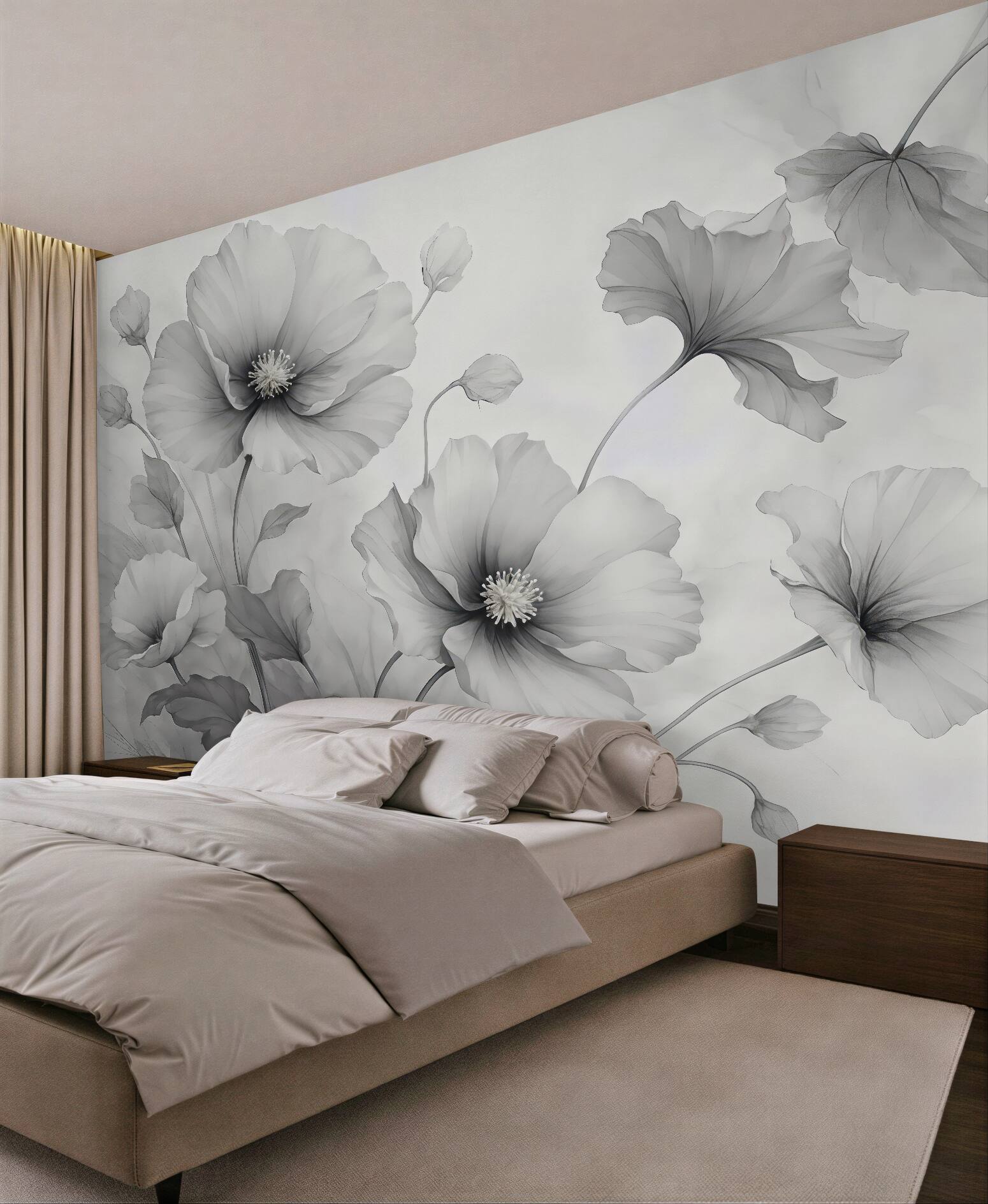 Fototapeta Lekko opadające, półprzezroczyste szare kwiaty zlewające się w porannym blasku.