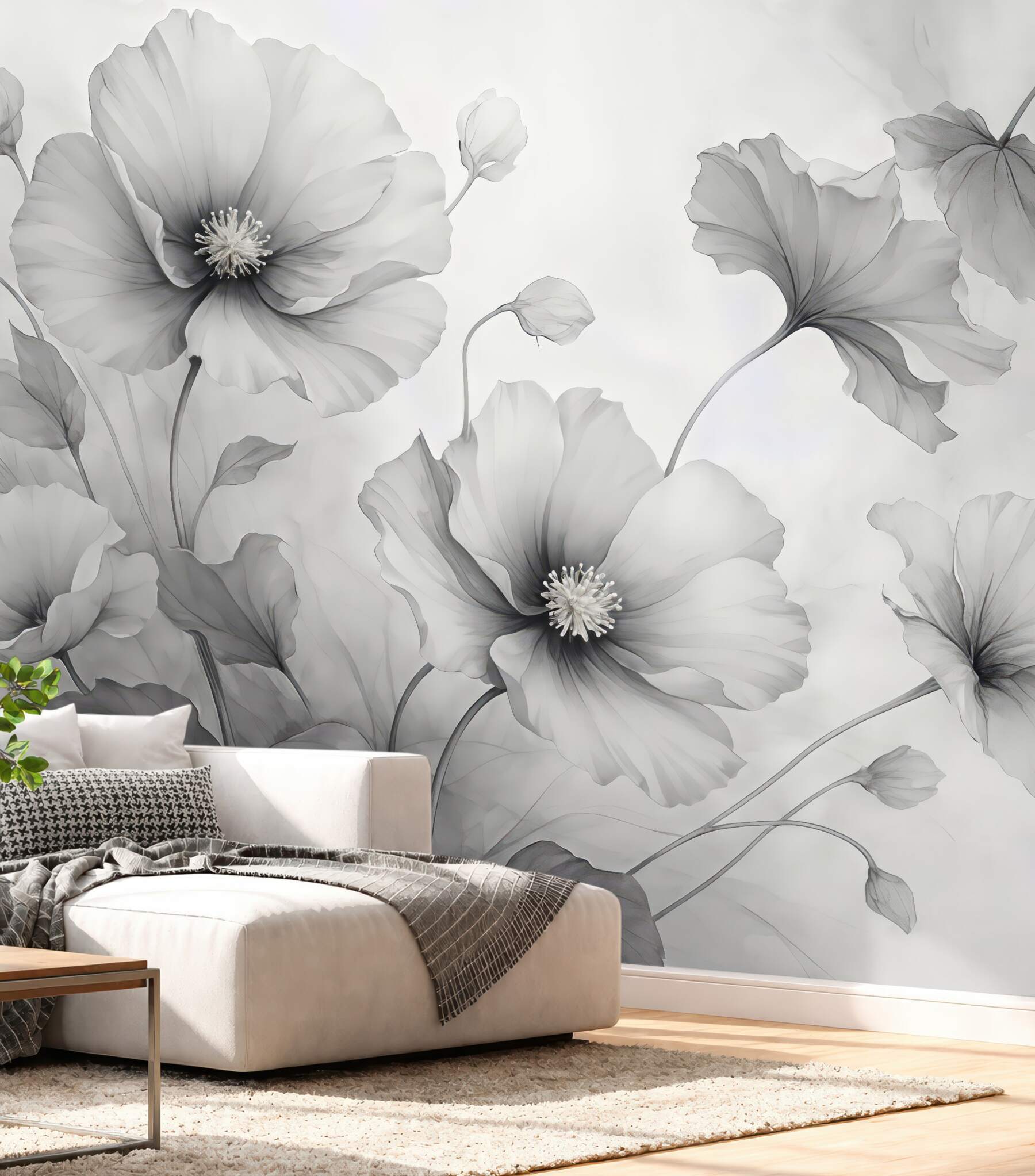 Fototapeta Lekko opadające, półprzezroczyste szare kwiaty zlewające się w porannym blasku.