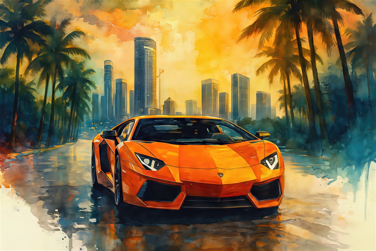 Fototapeta pomarańczowe superauto w tropikalnym mieście