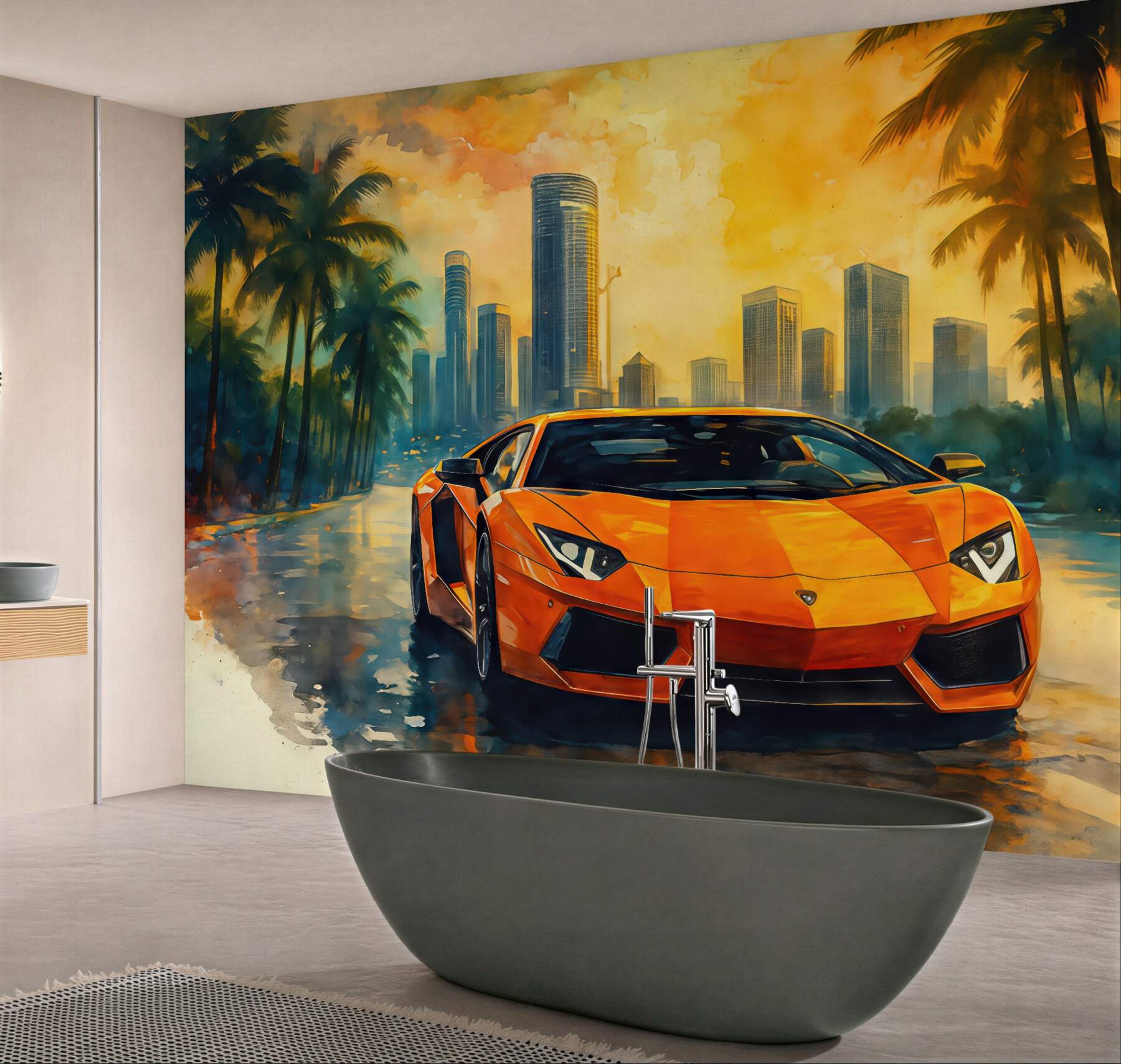 Fototapeta pomarańczowe superauto w tropikalnym mieście