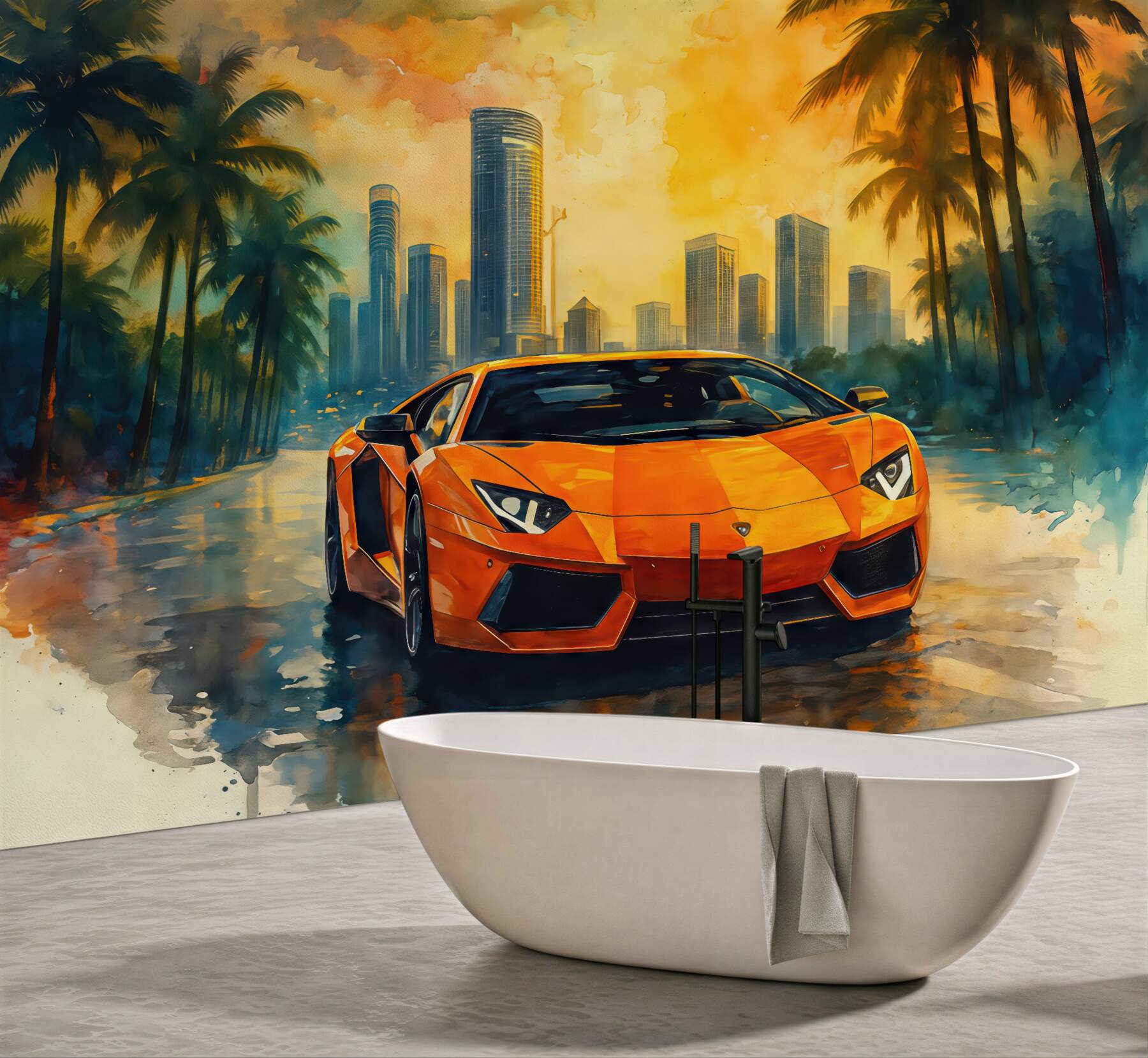 Fototapeta pomarańczowe superauto w tropikalnym mieście