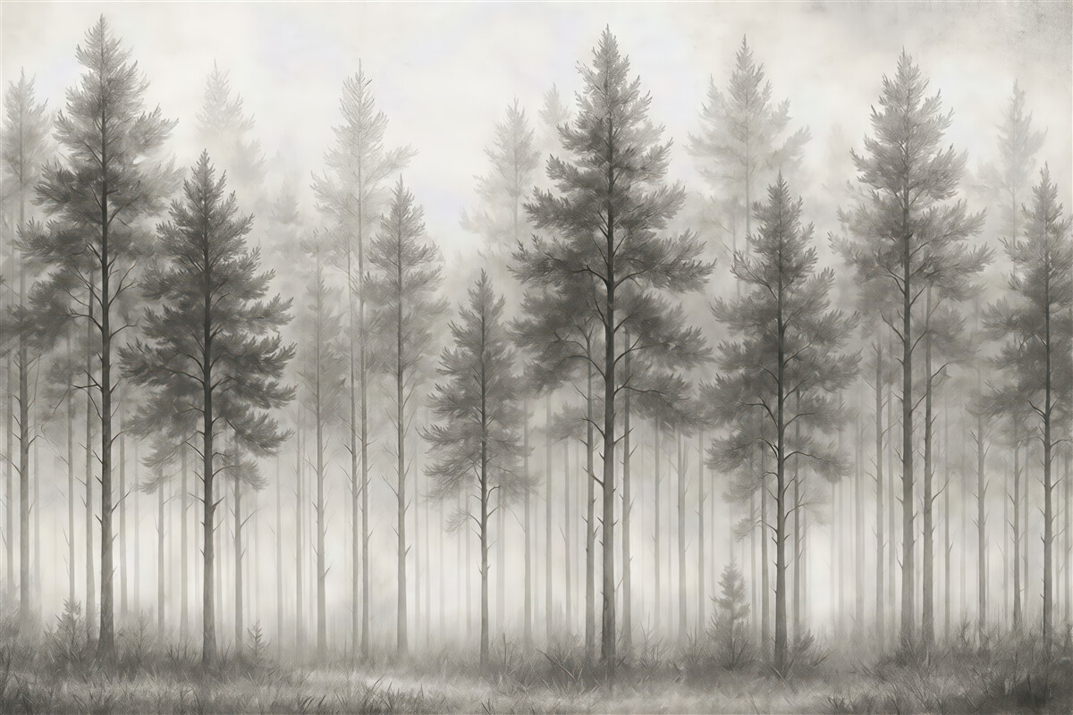 Fototapeta mglisty sosnowy las w sepii