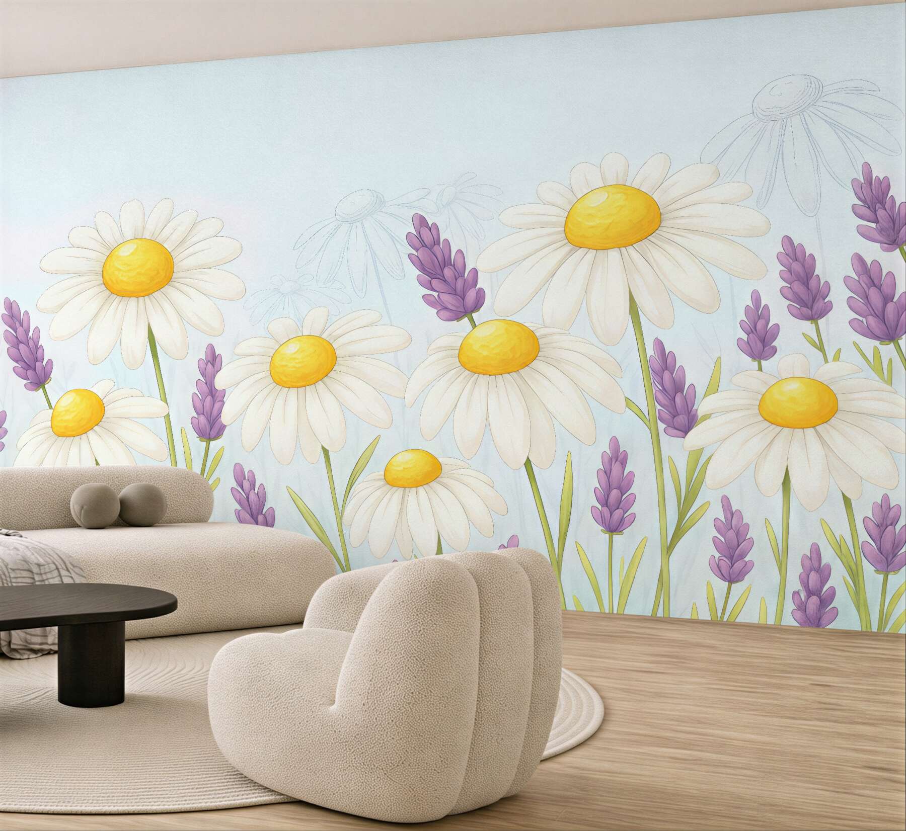 Fototapeta wielkie stokrotki oraz kwiaty lawendy