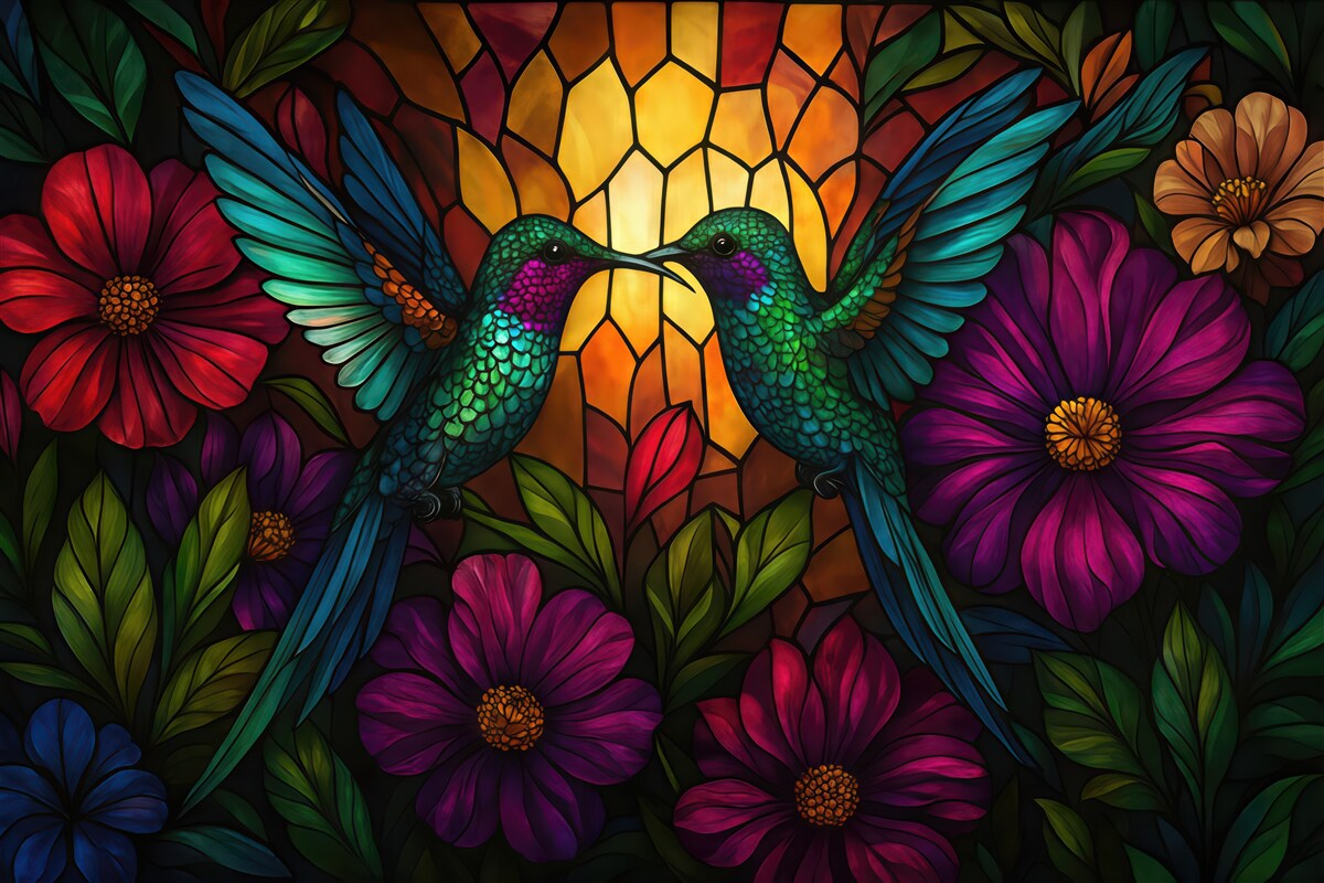 Fototapeta kolorowe kolibry pośród kwiatowego witrażu