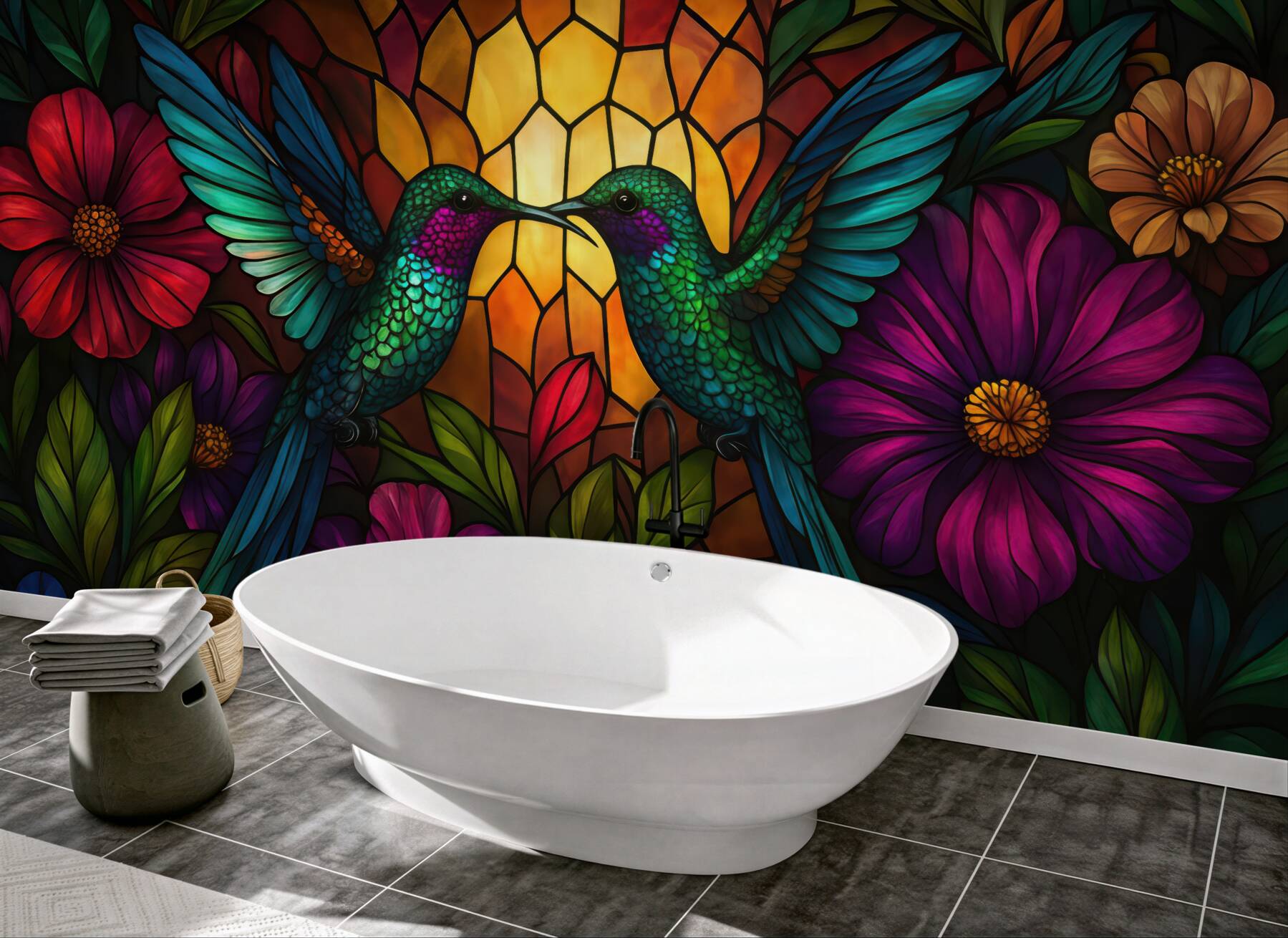 Fototapeta kolorowe kolibry pośród kwiatowego witrażu