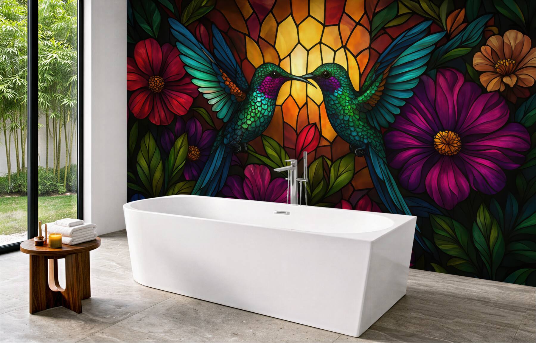 Fototapeta kolorowe kolibry pośród kwiatowego witrażu