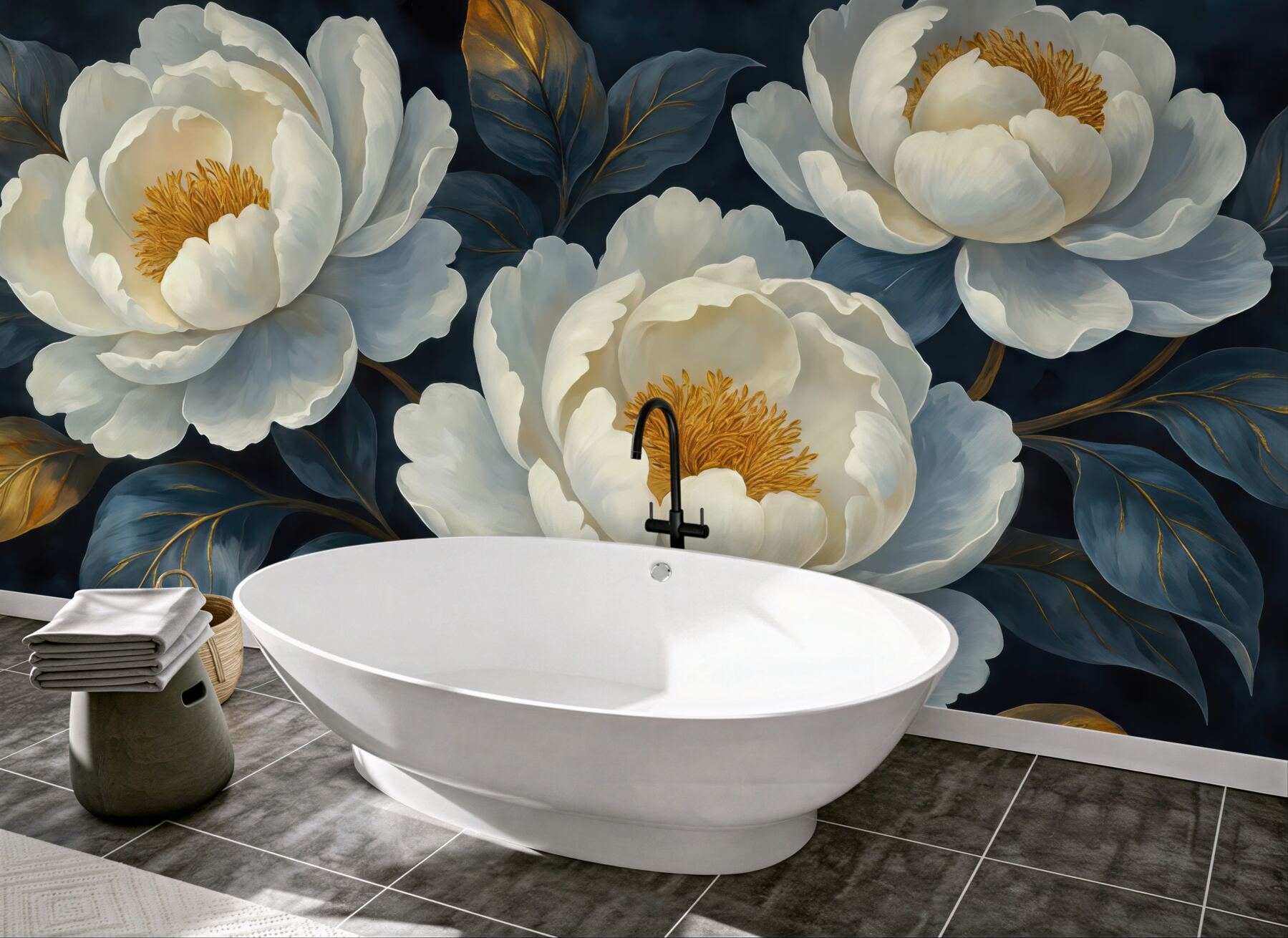 Fototapeta białe piwonie ze złotymi liśćmi