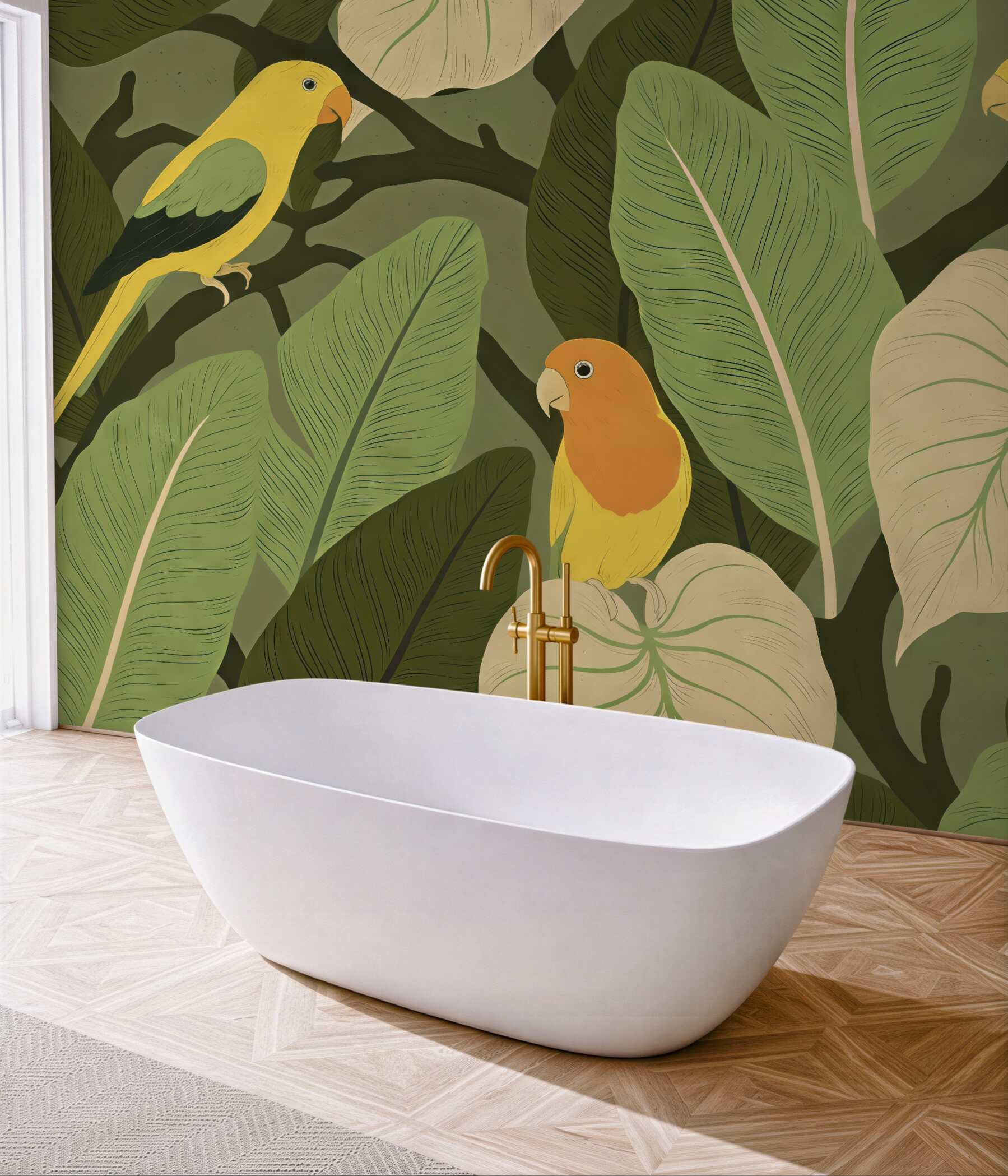 Fototapeta tropikalne papugi w zielonych liściach