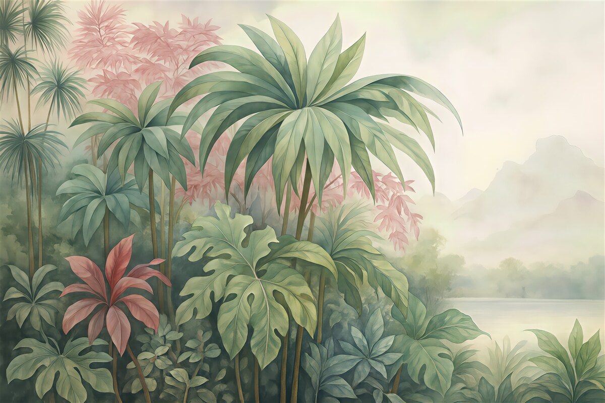 Fototapeta pastelowa tropikalna dżungla nad jeziorem