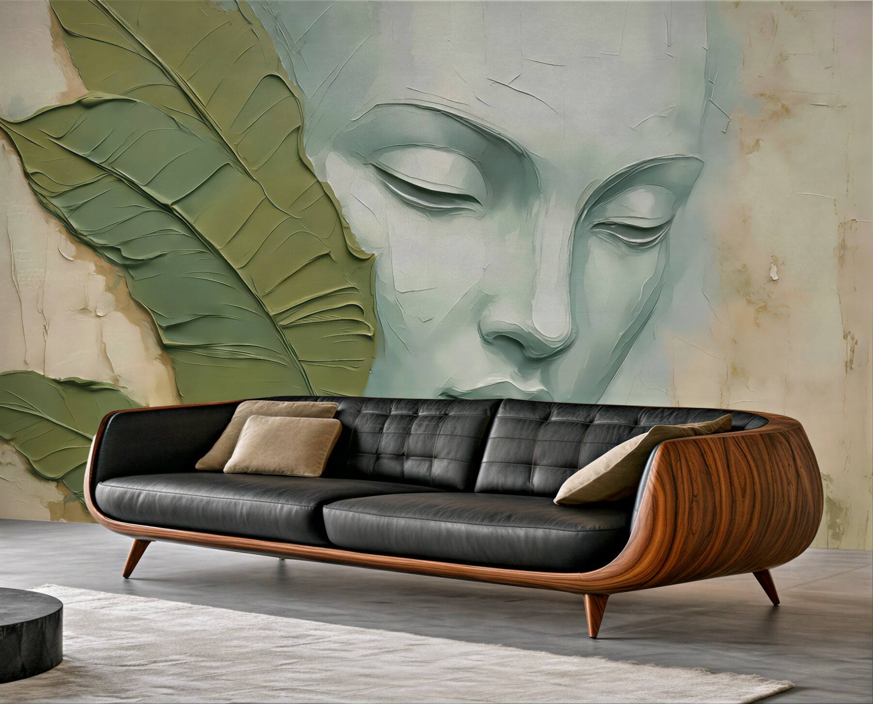 Fototapeta Oblicze w sąsiedztwie tropikalnych liści naśladujące pociągnięcia oraz fakturę farby.