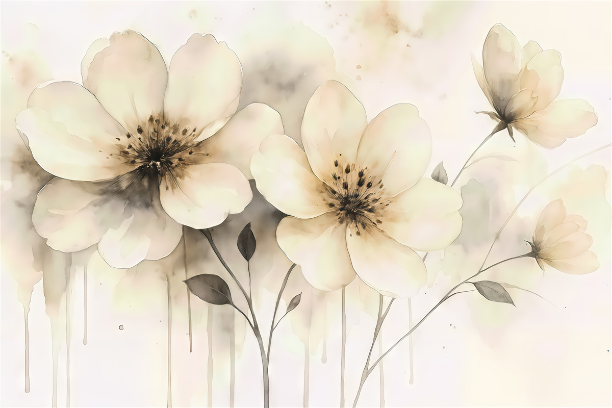 Fototapeta Kwiaty polne, obraz w stylu akwareli, beżowa gama kolorystyczna.