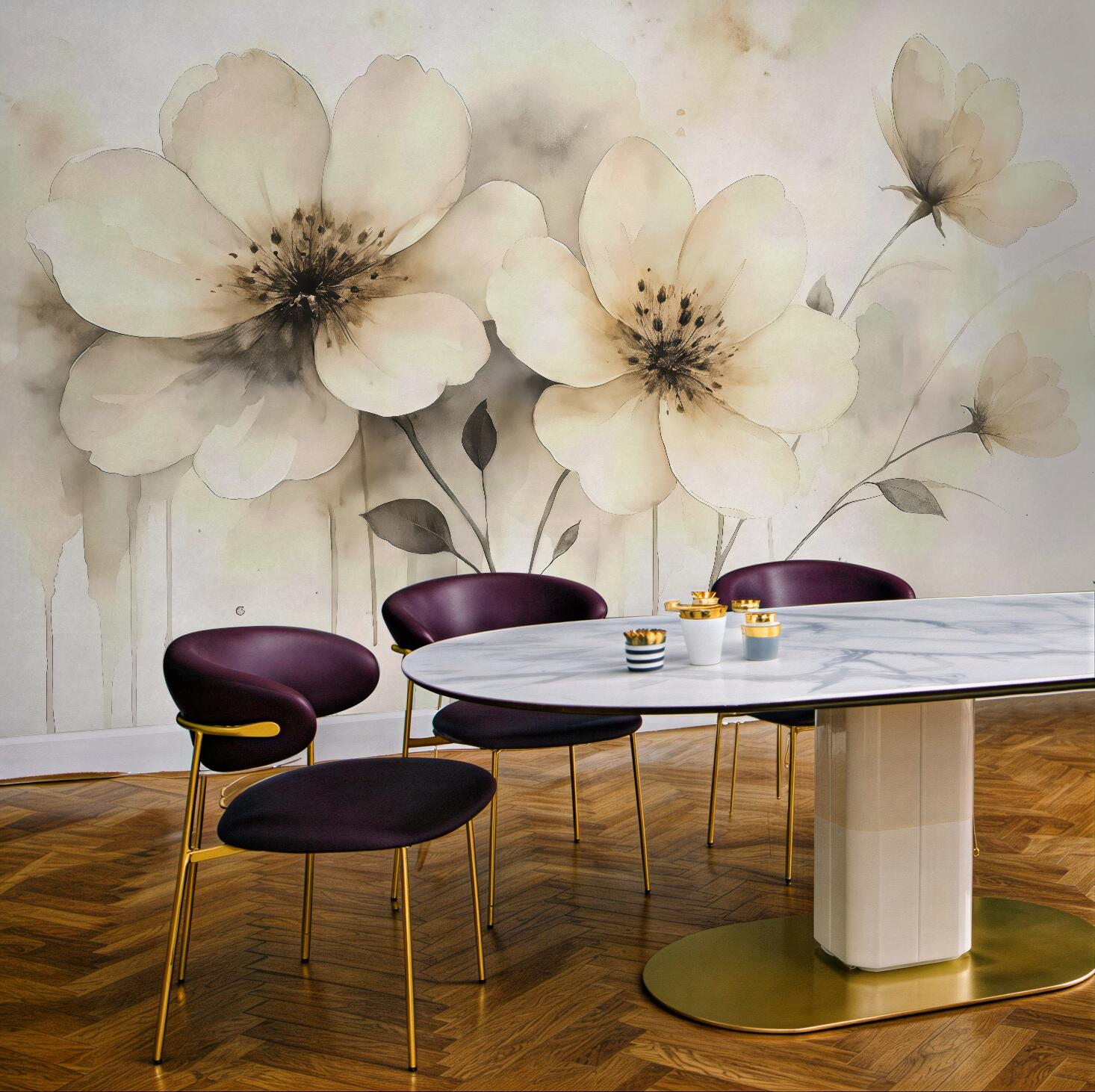 Fototapeta Kwiaty polne, obraz w stylu akwareli, beżowa gama kolorystyczna.