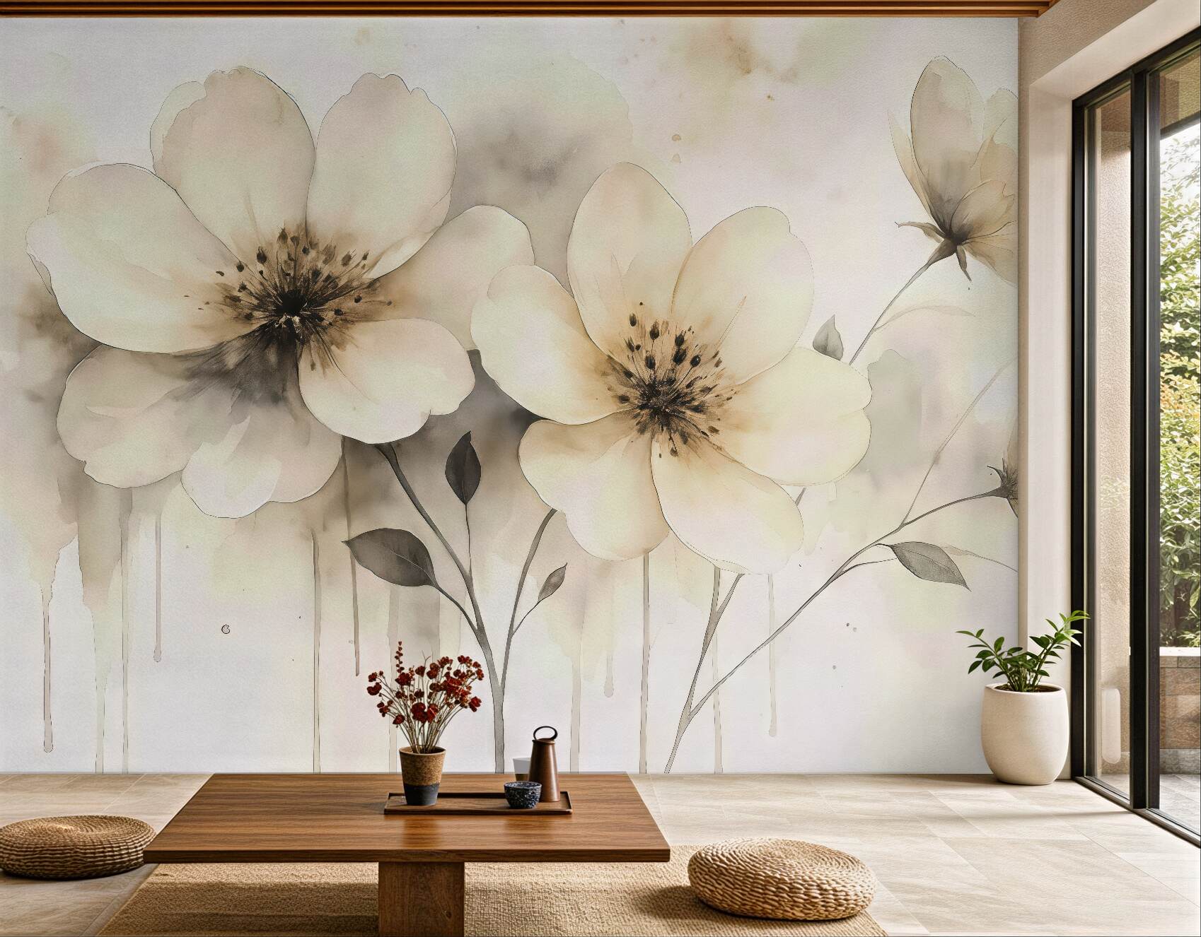 Fototapeta Kwiaty polne, obraz w stylu akwareli, beżowa gama kolorystyczna.