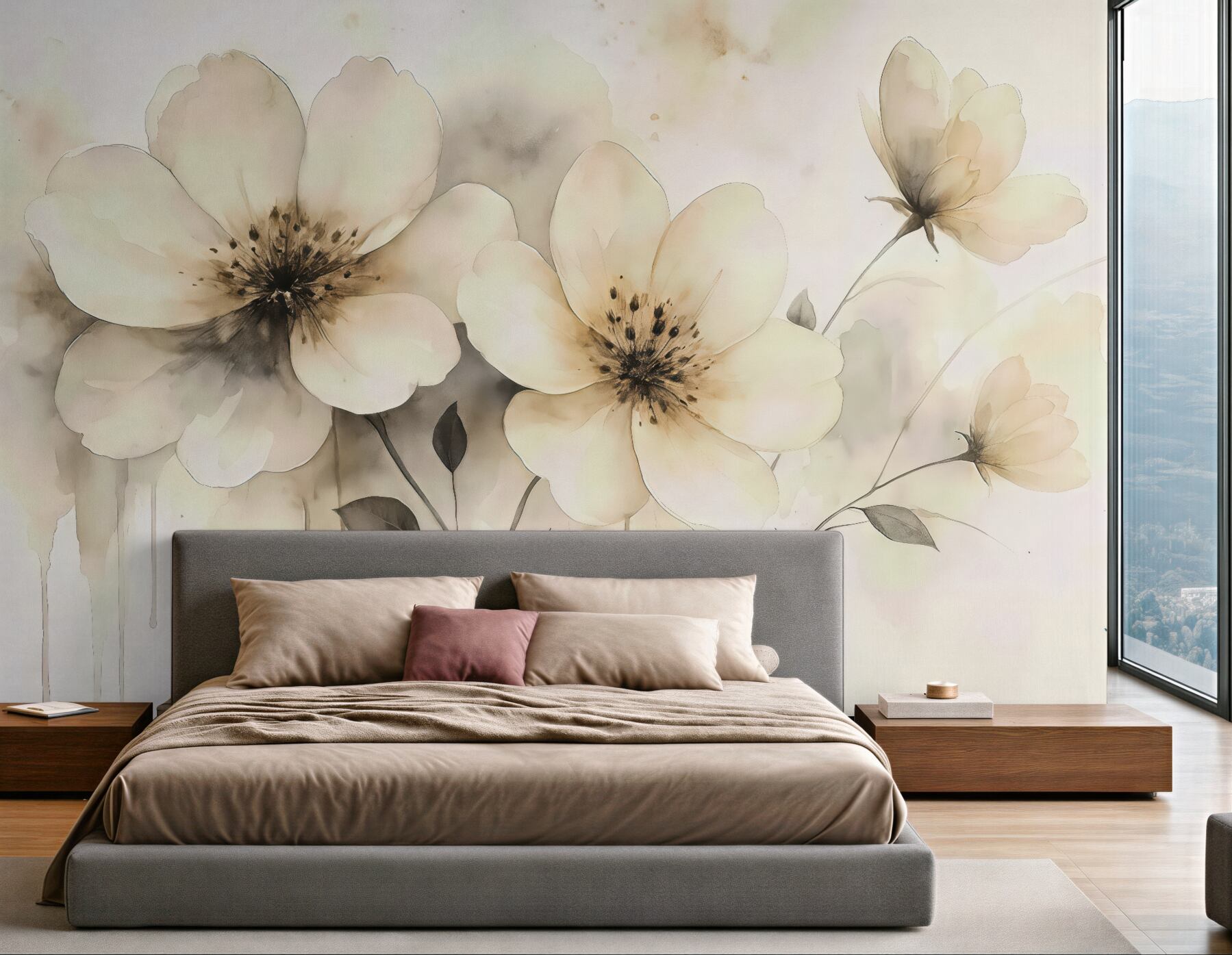 Fototapeta Kwiaty polne, obraz w stylu akwareli, beżowa gama kolorystyczna.