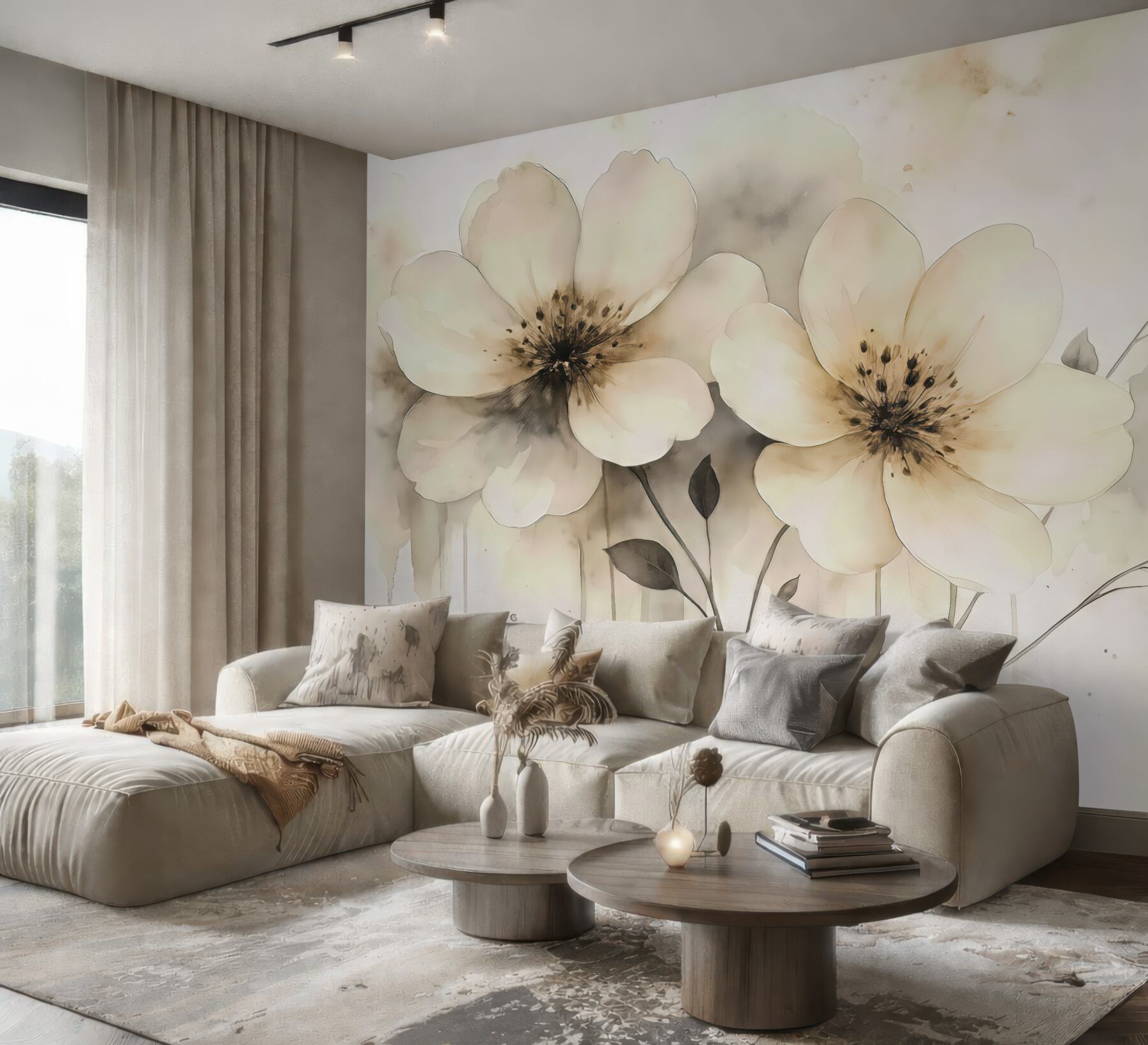 Fototapeta Kwiaty polne, obraz w stylu akwareli, beżowa gama kolorystyczna.