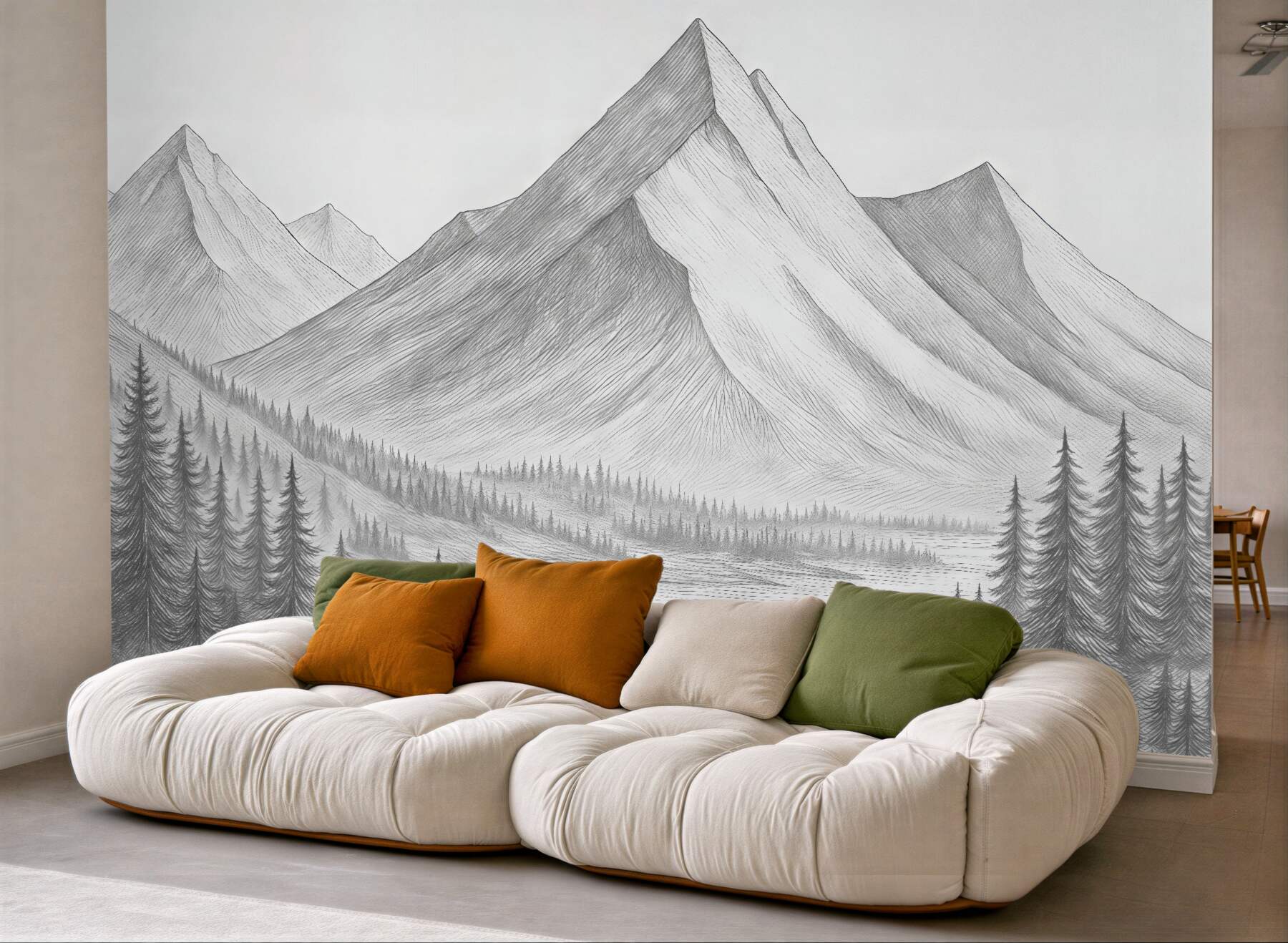 Fototapeta Góry i las, narysowane przy pomocy ołówka.