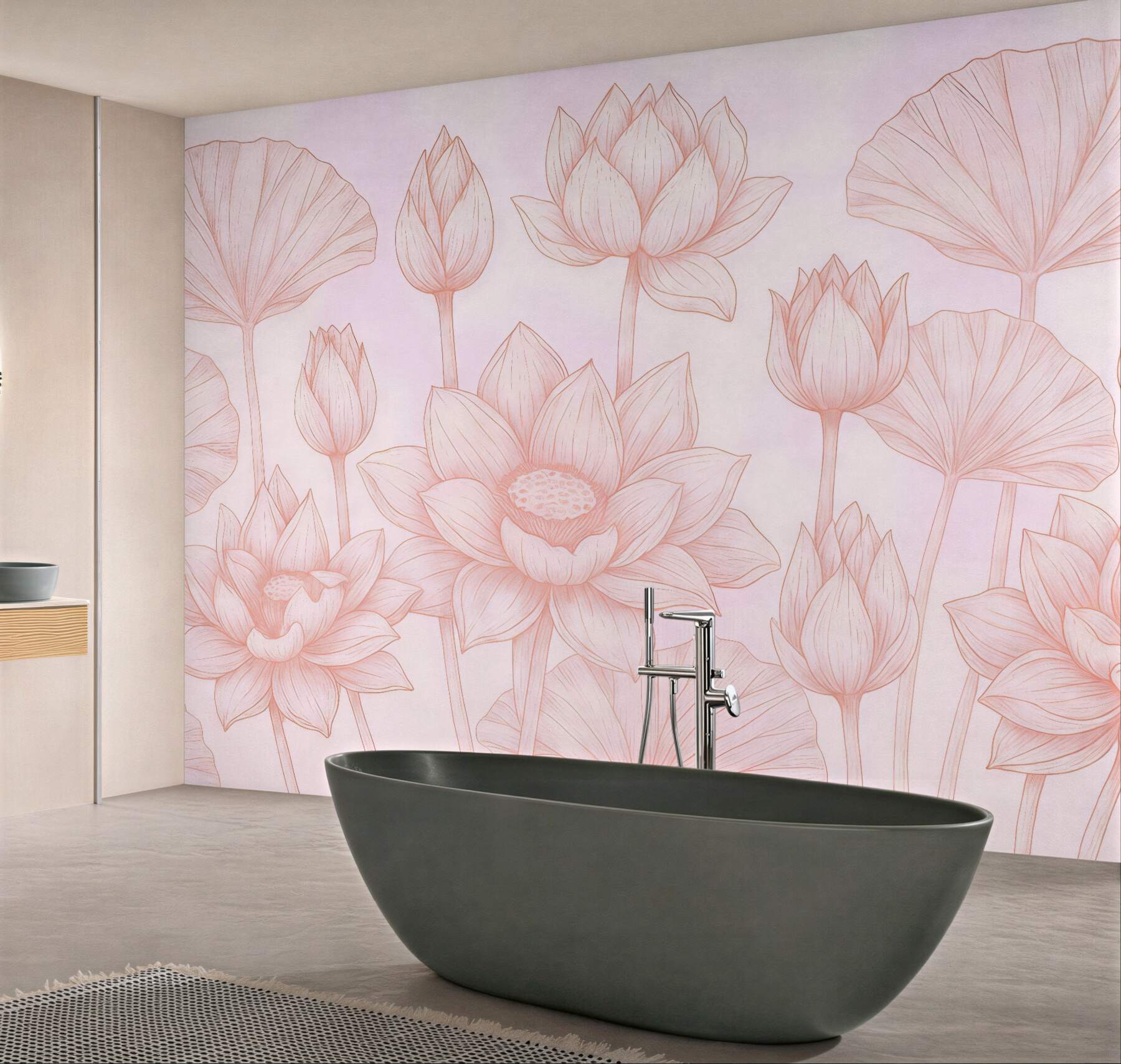 Fototapeta pudrowe lotosy w subtelnym rysunku