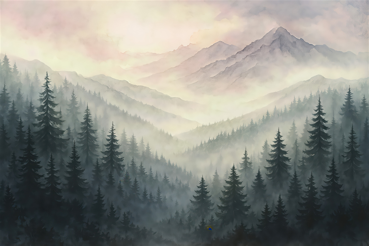 Fototapeta mglisty las i górski świt