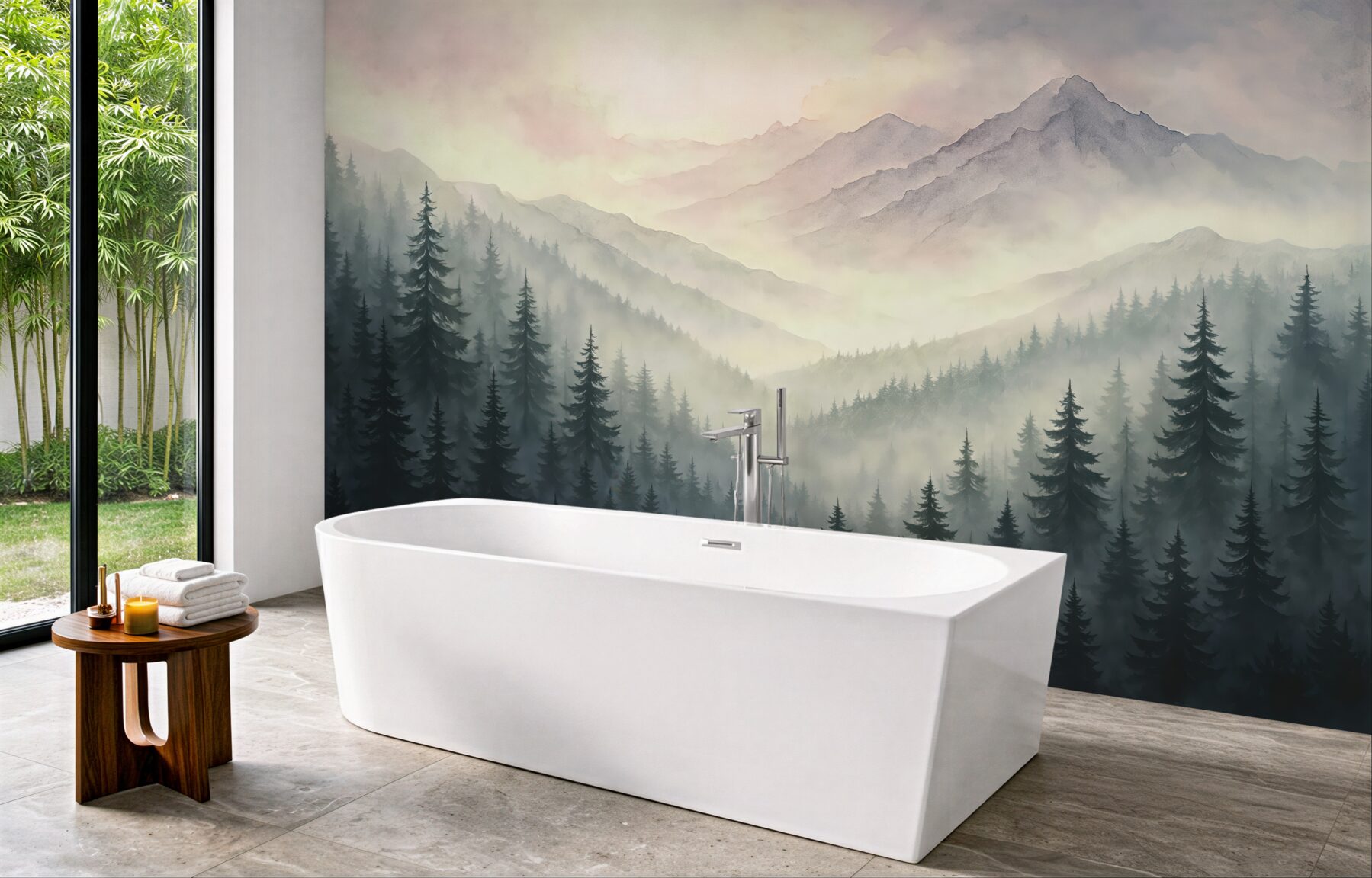 Fototapeta mglisty las i górski świt