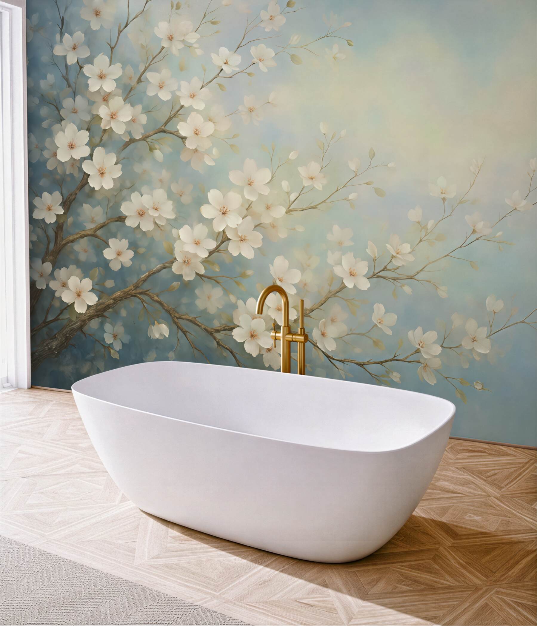 Fototapeta delikatne białe kwiaty na błękicie