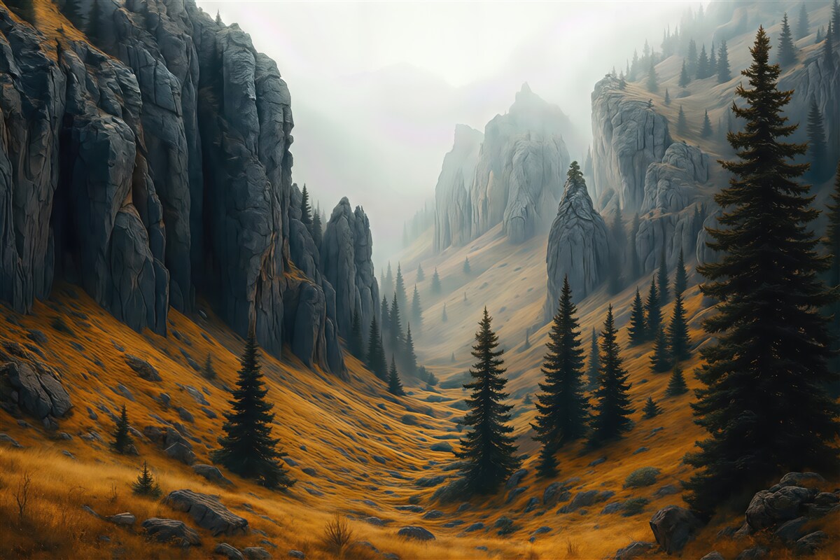 Fototapeta mglista dolina skalnych szczytów