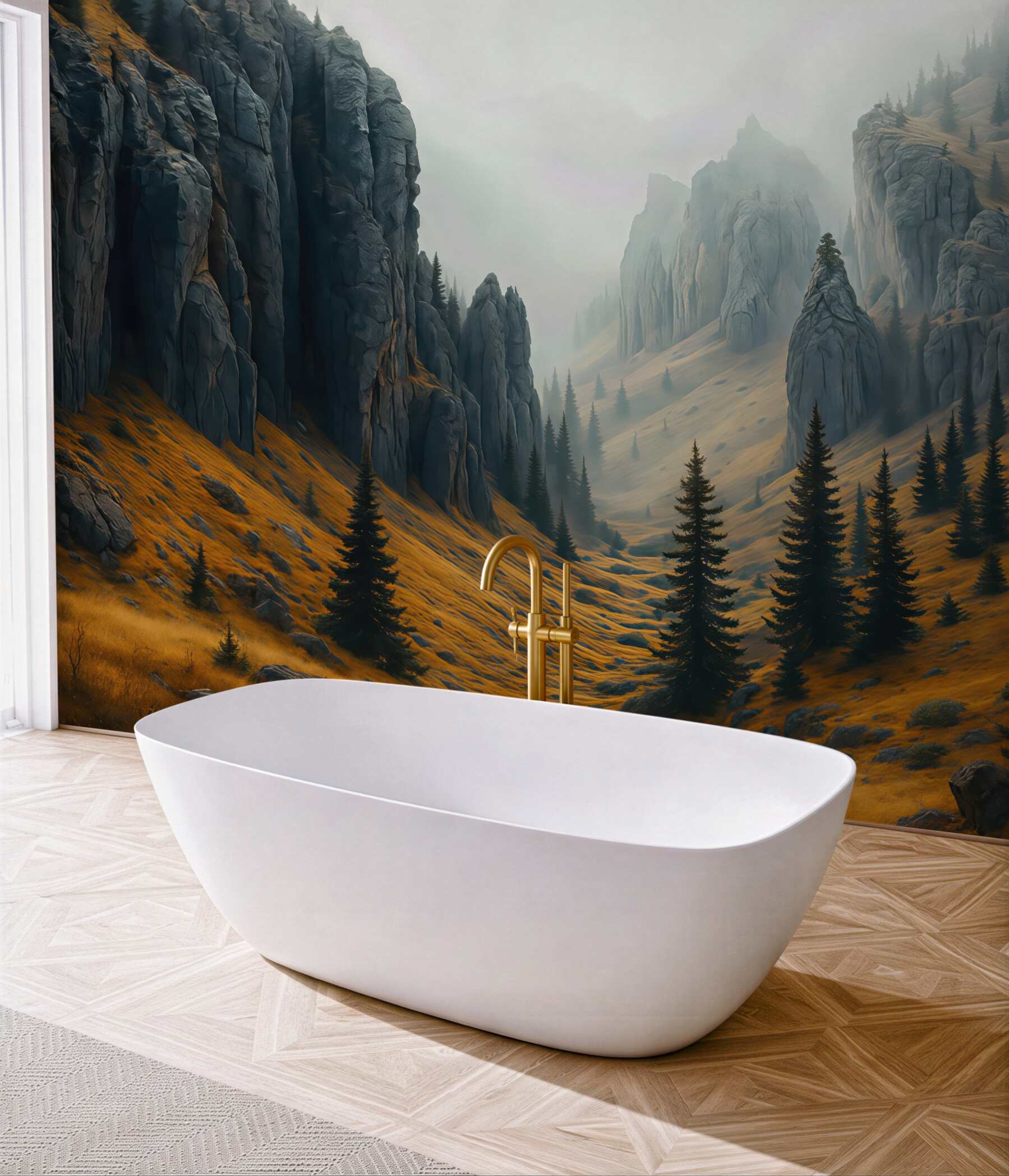 Fototapeta mglista dolina skalnych szczytów