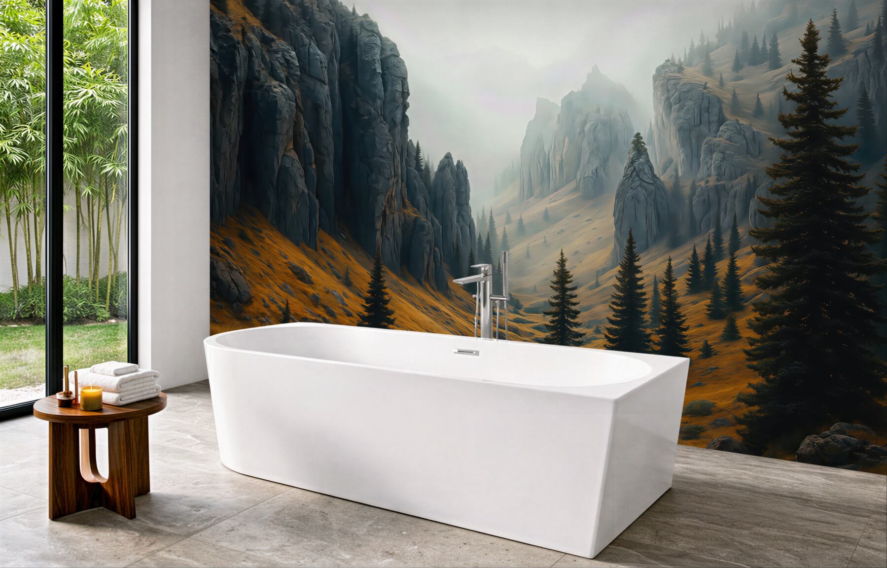 Fototapeta mglista dolina skalnych szczytów