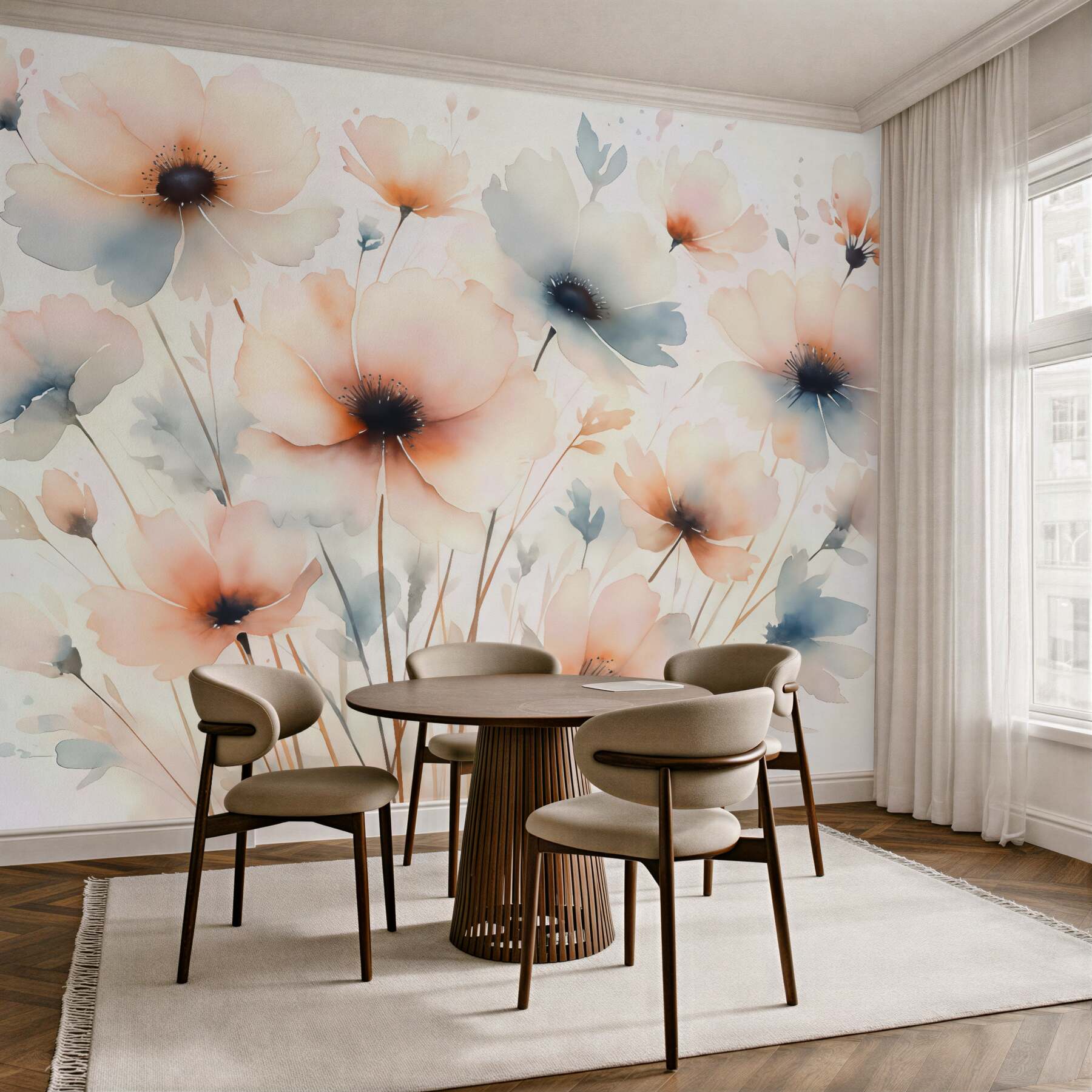 Fototapeta Sylwetki kwiatów przypominające rozmyte farby akwarelowe.