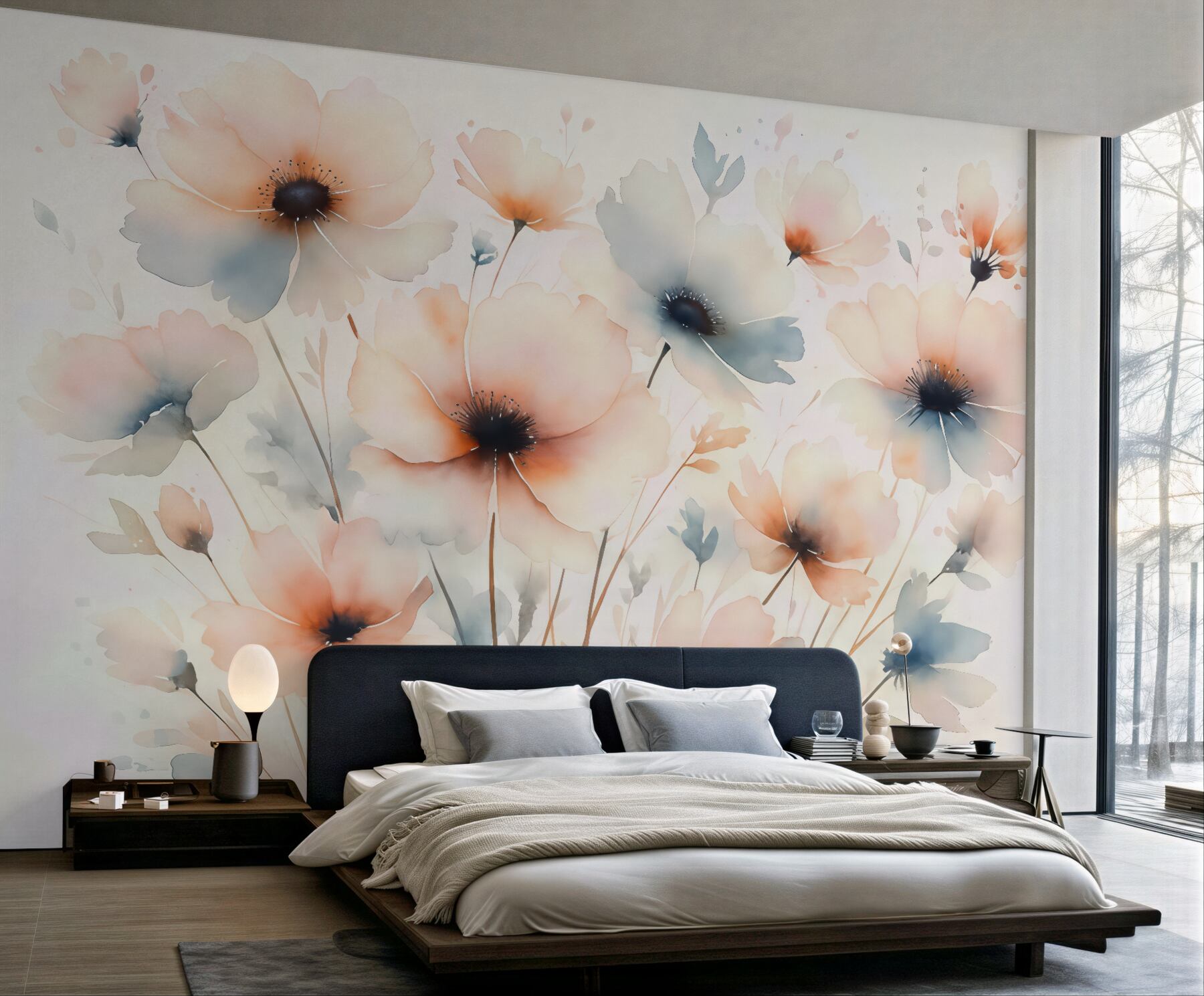 Fototapeta Sylwetki kwiatów przypominające rozmyte farby akwarelowe.